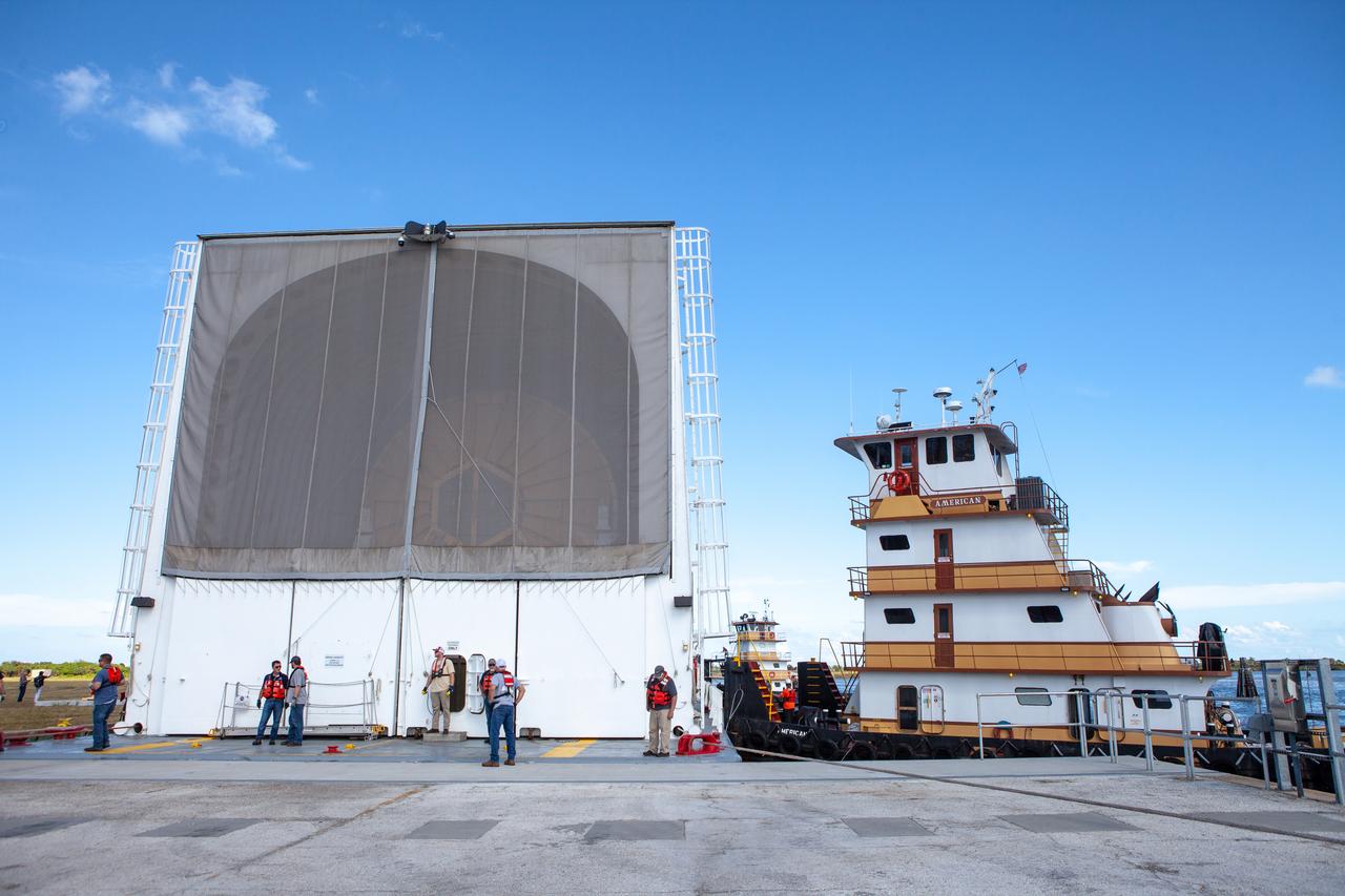 NASA's Pegasus Barge, which has a storied history of supporting the Space Shuttle Program, arrived at the Kennedy Space Center Launch Complex 39B turn basin wharf, carrying its first load in support of the agency's Artemis missions. The upgraded 310-foot-long barge arrived Friday, Sept. 27, ferrying the 212-foot-long Space Launch System (SLS) core stage pathfinder. Weighing in at 228,000 pounds, the pathfinder is a full-scale mockup of the rocket's core stage. The pathfinder will be utilized by the Exploration Ground Systems Program and their contractor, Jacobs, to practice offloading, moving and stacking maneuvers, utilizing important ground support equipment to train employees and certify all the equipment works properly. The pathfinder will stay at Kennedy for approximately one month before trekking back to NASA's Michoud Assembly Facility in Louisiana.