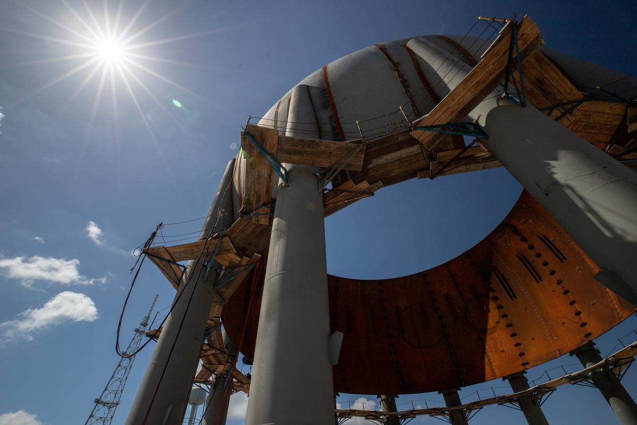 Build-up of a new liquid hydrogen (LH2) storage tank is in progress on Oct. 1, 2019, at Launch Complex 39B at NASA's Kennedy Space Center in Florida. The new tank will hold 1.25 million gallons of usable LH2 to support future launches from the pad, including Artemis missions to the Moon and on to Mars.