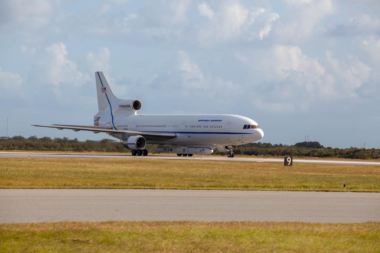 Northrop Grumman's L-1011 Stargazer aircraft has arrived at the Skid Strip at Cape Canaveral Air Force Station in Florida on Oct. 1, 2019. The company's Pegasus XL rocket, containing NASA's Ionospheric Connection Explorer (ICON), is attached beneath the aircraft. ICON will study the frontier of space - the dynamic zone high in Earth's atmosphere where terrestrial weather from below meets space weather above.
