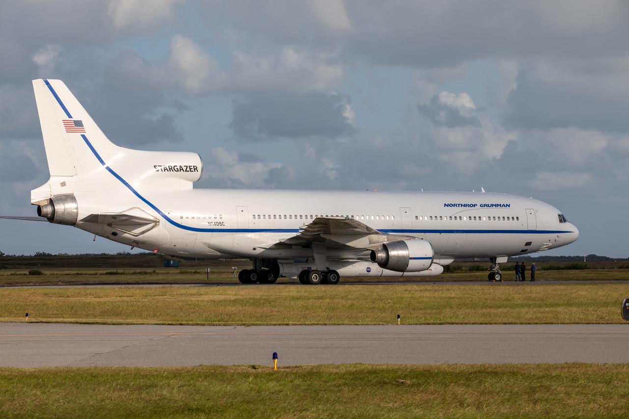 Northrop Grumman's L-1011 Stargazer aircraft has arrived at the Skid Strip at Cape Canaveral Air Force Station in Florida on Oct. 1, 2019. The company's Pegasus XL rocket, containing NASA's Ionospheric Connection Explorer (ICON), is attached beneath the aircraft. ICON will study the frontier of space - the dynamic zone high in Earth's atmosphere where terrestrial weather from below meets space weather above.