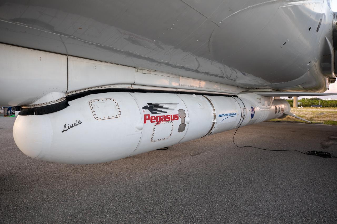 The Northrop Grumman Pegasus XL rocket, carrying NASA’s Ionospheric Connection Explorer (ICON), has arrived at the Skid Strip at Cape Canaveral Air Force Station in Florida on Oct. 1, 2019. The rocket is attached beneath the company’s L-1011 Stargazer aircraft. ICON will study the frontier of space - the dynamic zone high in Earth's atmosphere where terrestrial weather from below meets space weather above.