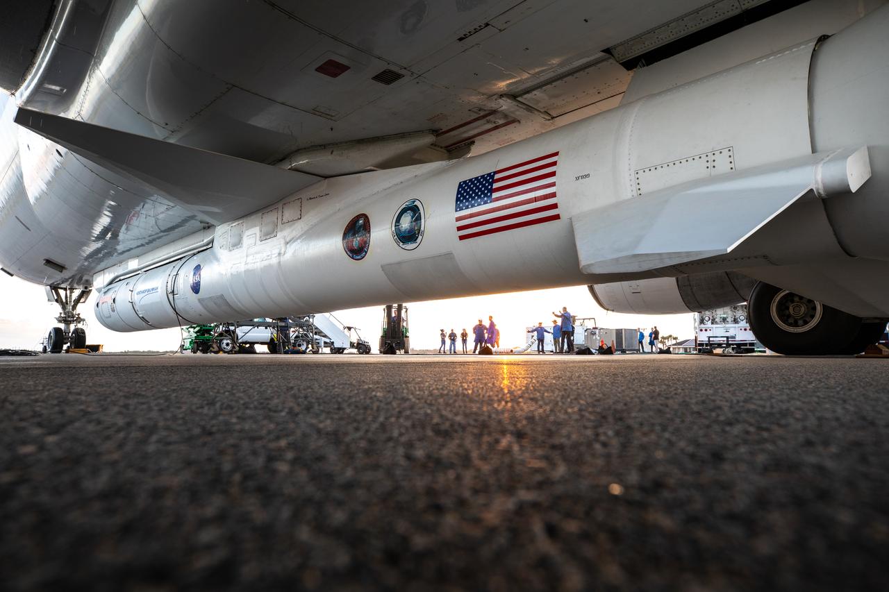 The Northrop Grumman Pegasus XL rocket, carrying NASA’s Ionospheric Connection Explorer (ICON), has arrived at the Skid Strip at Cape Canaveral Air Force Station in Florida on Oct. 1, 2019. The rocket is attached beneath the company’s L-1011 Stargazer aircraft. ICON will study the frontier of space - the dynamic zone high in Earth's atmosphere where terrestrial weather from below meets space weather above.