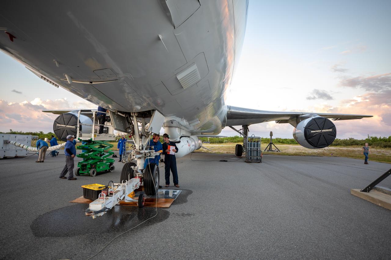 Northrop Grumman's L-1011 Stargazer aircraft has arrived at the Skid Strip at Cape Canaveral Air Force Station in Florida on Oct. 1, 2019. The company's Pegasus XL rocket, containing NASA's Ionospheric Connection Explorer (ICON), is attached beneath the aircraft. ICON will study the frontier of space - the dynamic zone high in Earth's atmosphere where terrestrial weather from below meets space weather above.