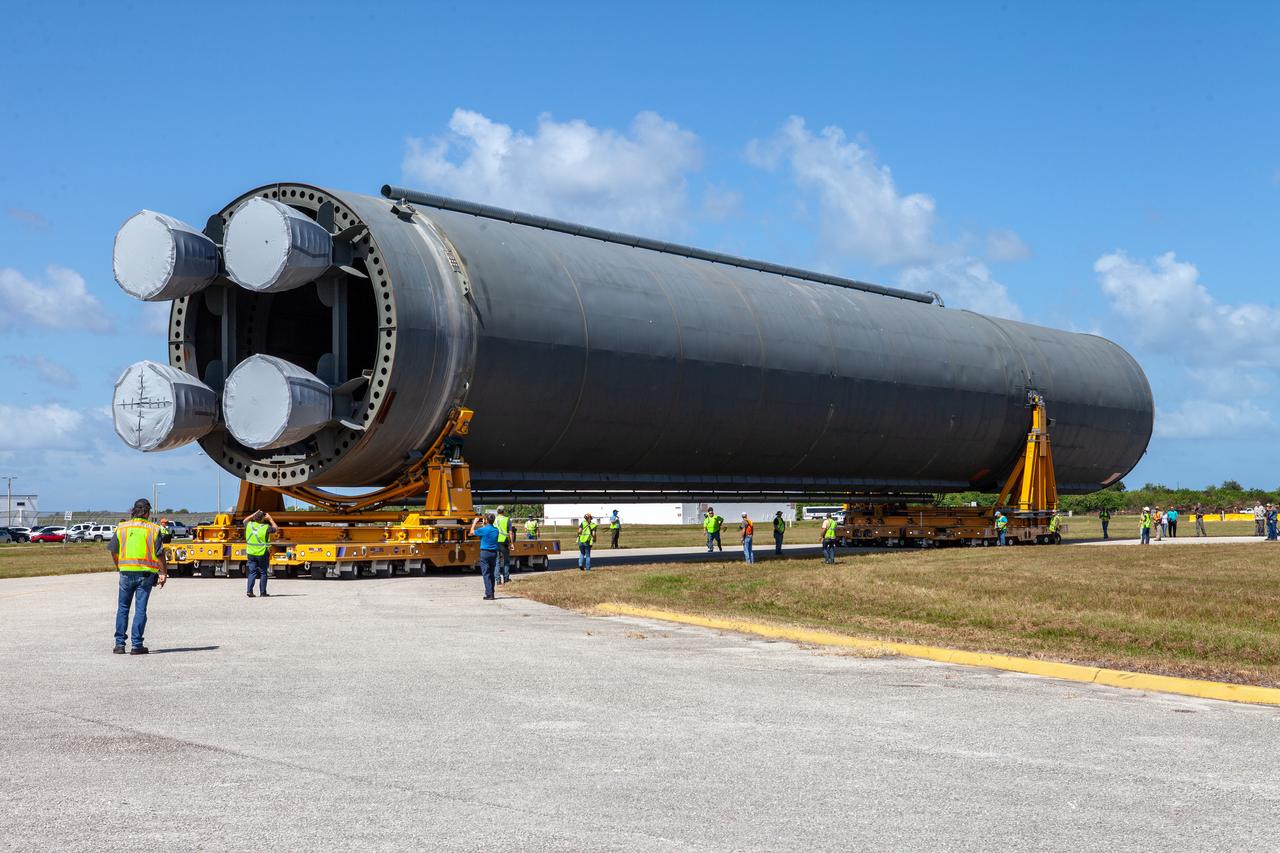 The 212-foot-long Space Launch System (SLS) rocket core stage pathfinder has been offloaded from NASA’s Pegasus Barge at Kennedy Space Center’s Launch Complex 39 turn basin wharf on Oct. 1, 2019. The Pegasus Barge made its first delivery to Kennedy in support of the agency's Artemis missions. The upgraded 310-foot-long barge arrived Sept. 27, 2019, ferrying the SLS core stage pathfinder, a full-scale mock-up of the rocket's core stage. It will be used by Exploration Ground Systems and its contractor, Jacobs, to practice offloading, moving and stacking maneuvers, using important ground support equipment to train employees and certify all the equipment works properly. The pathfinder will stay at Kennedy for approximately one month before trekking back to NASA's Michoud Assembly Facility in Louisiana.