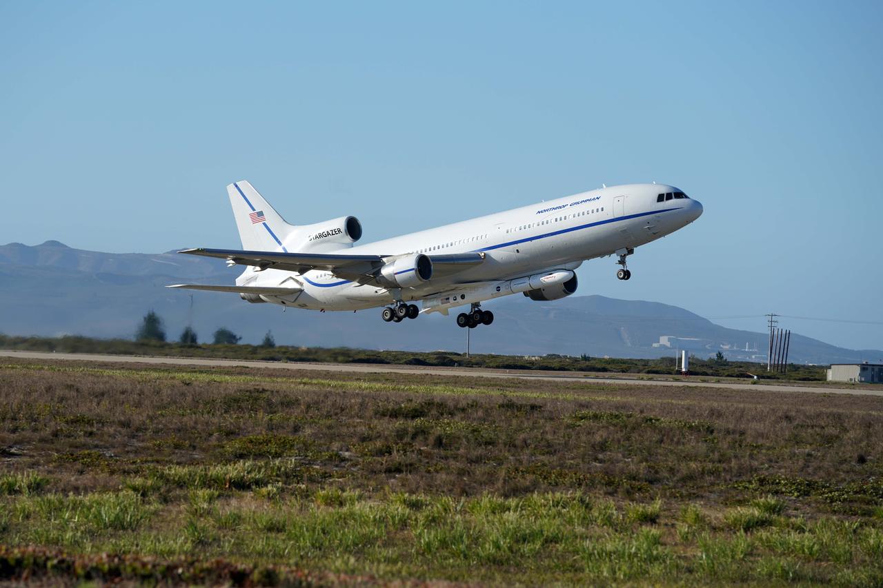 Northrop Grumman's L-1011 Stargazer takes off from Vandenberg Air Force Base in California on Oct. 1, 2019. The company's Pegasus XL rocket, containing NASA's Ionospheric Connection Explorer (ICON), is attached beneath the aircraft. The explorer is targeted to launch on Oct. 9, 2019, from Cape Canaveral Air Force Station in Florida. ICON will study the frontier of space - the dynamic zone high in Earth's atmosphere where terrestrial weather from below meets space weather above.