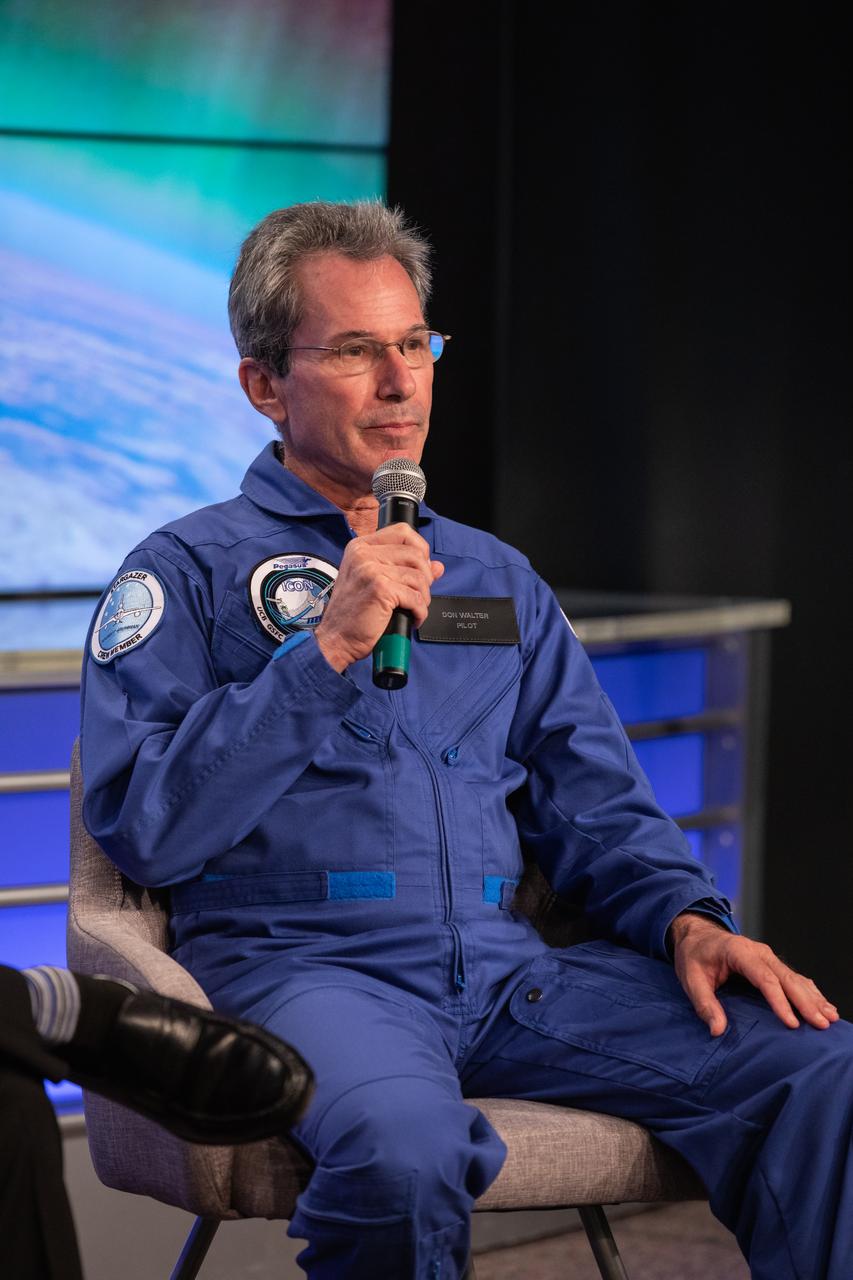 Don Walters, chief pilot of the L-1011 Stargazer aircraft for Northrop Grumman Innovation Systems, speaks to news media during a prelaunch mission briefing for NASA’s Ionospheric Connection Explorer (ICON), on Oct. 8, 2019, in the News Center auditorium at the agency’s Kennedy Space Center in Florida. ICON is targeted to launch from Cape Canaveral Air Force Station in Florida on Oct. 9, 2019, aboard a Northrop Grumman Pegasus XL rocket carried aloft by the company’s Stargazer L-1011 aircraft. The explorer will study the frontier of space - the dynamic zone high in Earth's atmosphere where terrestrial weather from below meets space weather above.