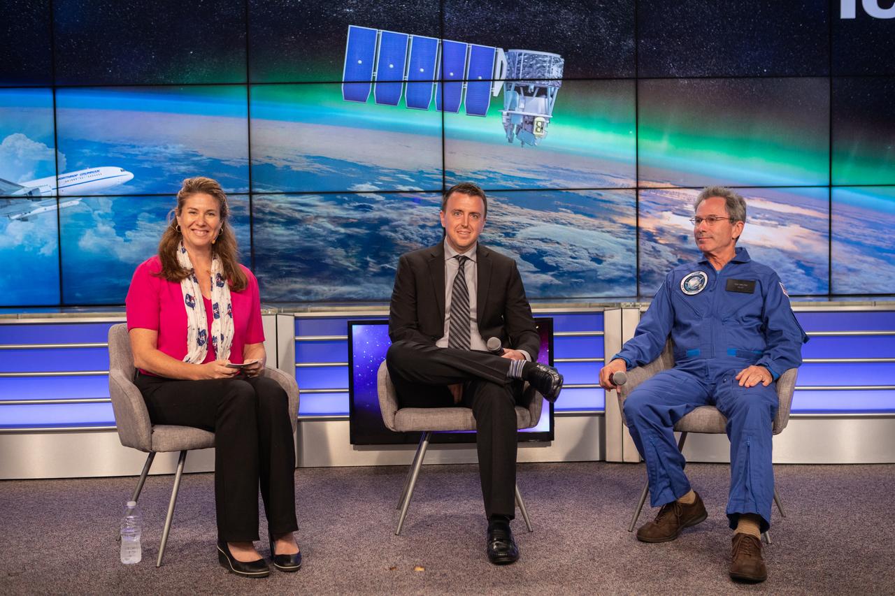 Launch and mission managers for NASA’s Ionospheric Connection Explorer (ICON) participate in a prelaunch mission briefing on Oct. 8, 2019, in the News Center auditorium at the agency’s Kennedy Space Center in Florida. From left to right are Karen Fox, NASA Communications; Will Ulrich, launch weather officer with the U.S. Air Force 45th Space Wing; and Don Walters, chief pilot of the L-1011 Stargazer aircraft. ICON is targeted to launch from Cape Canaveral Air Force Station in Florida on Oct. 9, 2019, aboard a Northrop Grumman Pegasus XL rocket carried aloft by the company’s Stargazer L-1011 aircraft. The explorer will study the frontier of space - the dynamic zone high in Earth's atmosphere where terrestrial weather from below meets space weather above.
