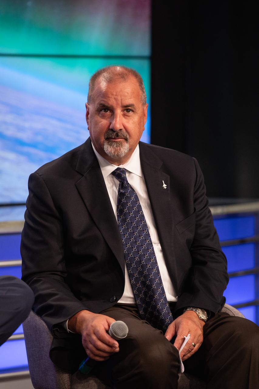 Phil Joyce, vice president of space launch programs for Northrop Grumman Innovation Systems, speaks to news media during a prelaunch mission briefing for NASA’s Ionospheric Connection Explorer (ICON), on Oct. 8, 2019, in the News Center auditorium at the agency’s Kennedy Space Center in Florida. ICON is targeted to launch from Cape Canaveral Air Force Station in Florida on Oct. 9, 2019, aboard a Northrop Grumman Pegasus XL rocket carried aloft by the company’s Stargazer L-1011 aircraft. The explorer will study the frontier of space - the dynamic zone high in Earth's atmosphere where terrestrial weather from below meets space weather above.