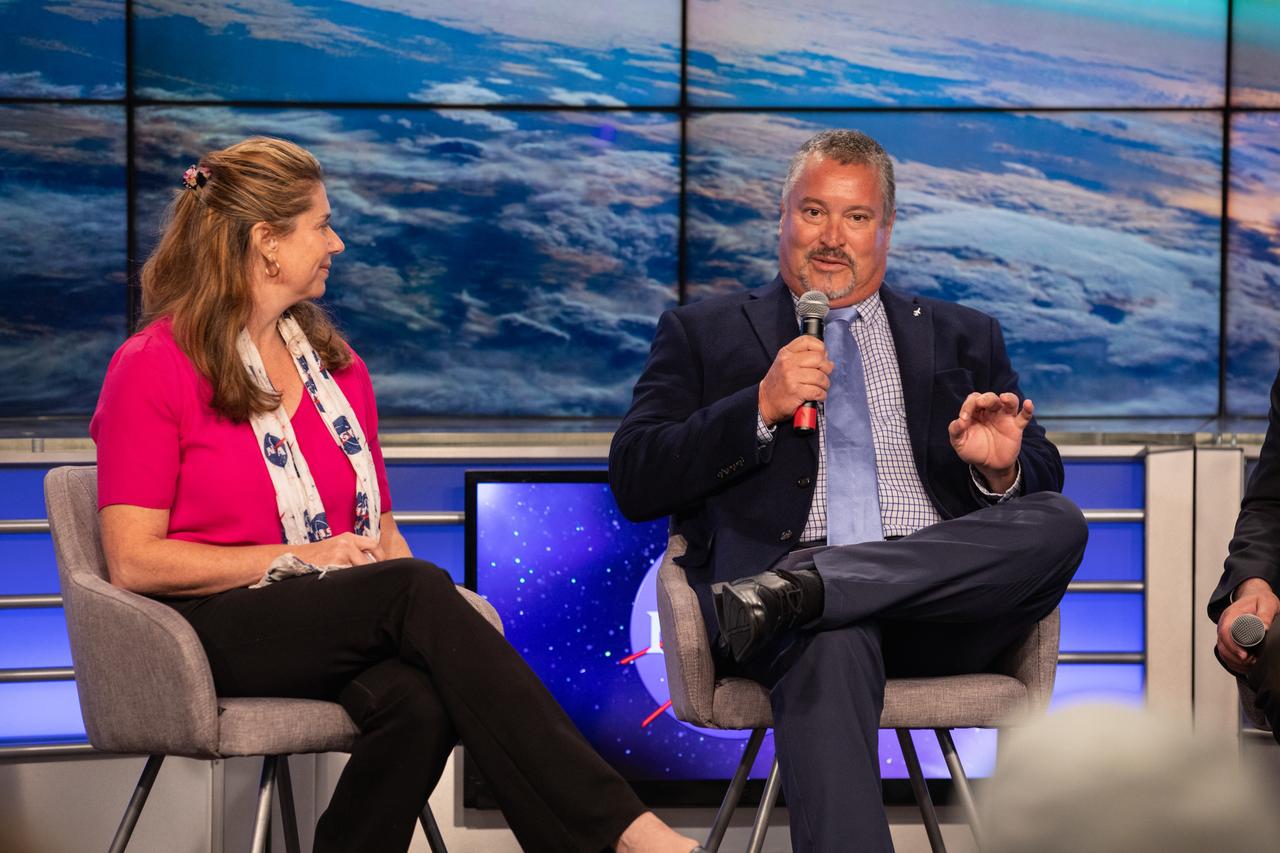 Omar Baez, launch director in NASA’s Launch Services Program, speaks to news media during a prelaunch mission briefing for NASA’s Ionospheric Connection Explorer (ICON), on Oct. 8, 2019, in the News Center auditorium at the agency’s Kennedy Space Center in Florida. At left is Karen Fox of NASA Communications. ICON is targeted to launch from Cape Canaveral Air Force Station in Florida on Oct. 9, 2019, aboard a Northrop Grumman Pegasus XL rocket carried aloft by the company’s Stargazer L-1011 aircraft. The explorer will study the frontier of space - the dynamic zone high in Earth's atmosphere where terrestrial weather from below meets space weather above.