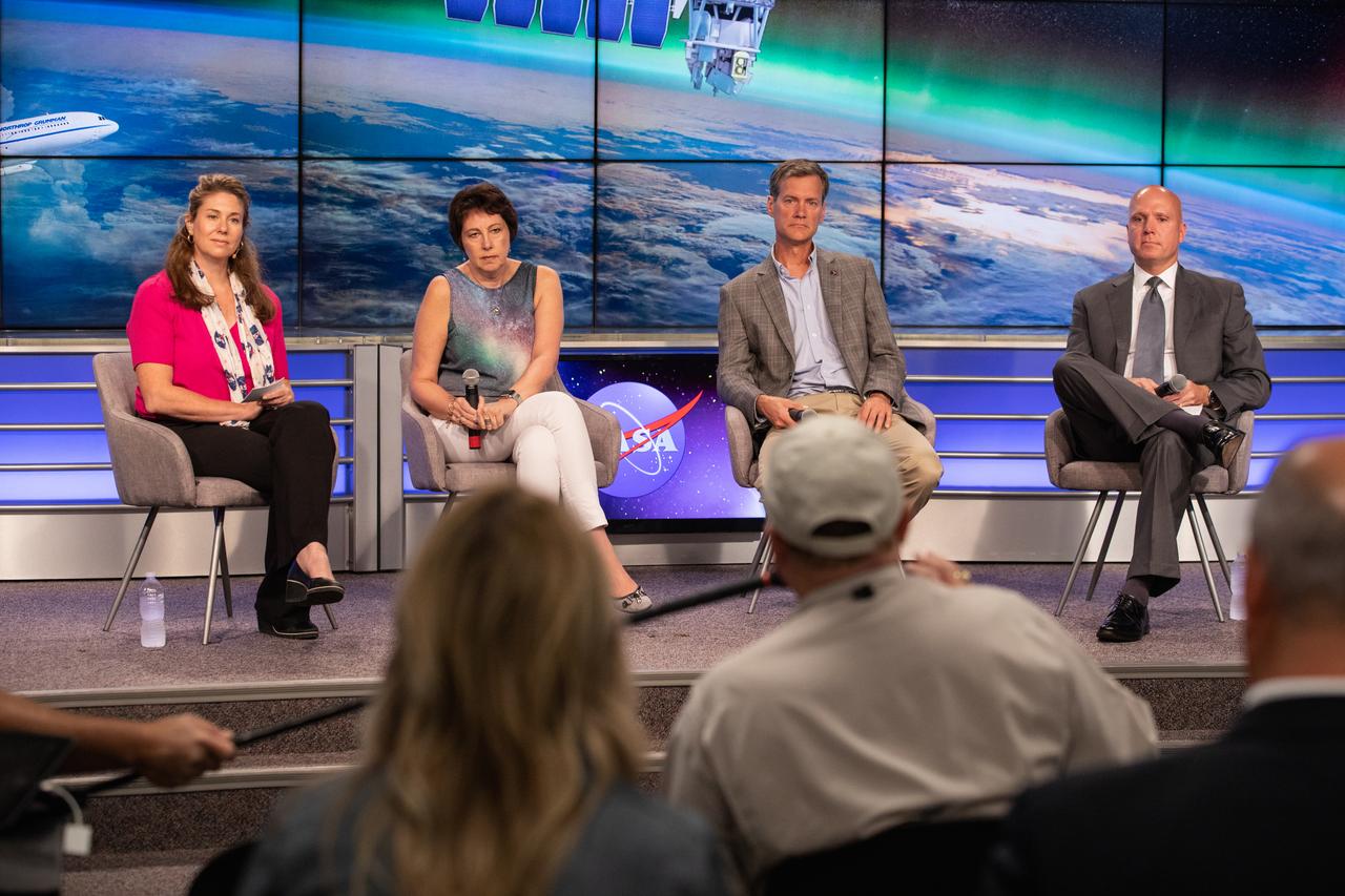 Launch and mission managers for NASA’s Ionospheric Connection Explorer (ICON) participate in a prelaunch mission briefing on Oct. 8, 2019, in the News Center auditorium at the agency’s Kennedy Space Center in Florida. From left to right are Karen Fox, NASA Communications; Nicola Fox, Heliophysics division director in NASA’s Science Mission Directorate; Thomas Immel, ICON principal investigator at the Space Sciences Laboratory at the University of California Berkeley; and Steve Krein, vice president of civil and commercial space for Northrop Grumman Innovation Systems. ICON is targeted to launch from Cape Canaveral Air Force Station in Florida on Oct. 9, 2019, aboard a Northrop Grumman Pegasus XL rocket carried aloft by the company’s Stargazer L-1011 aircraft. The explorer will study the frontier of space - the dynamic zone high in Earth's atmosphere where terrestrial weather from below meets space weather above.