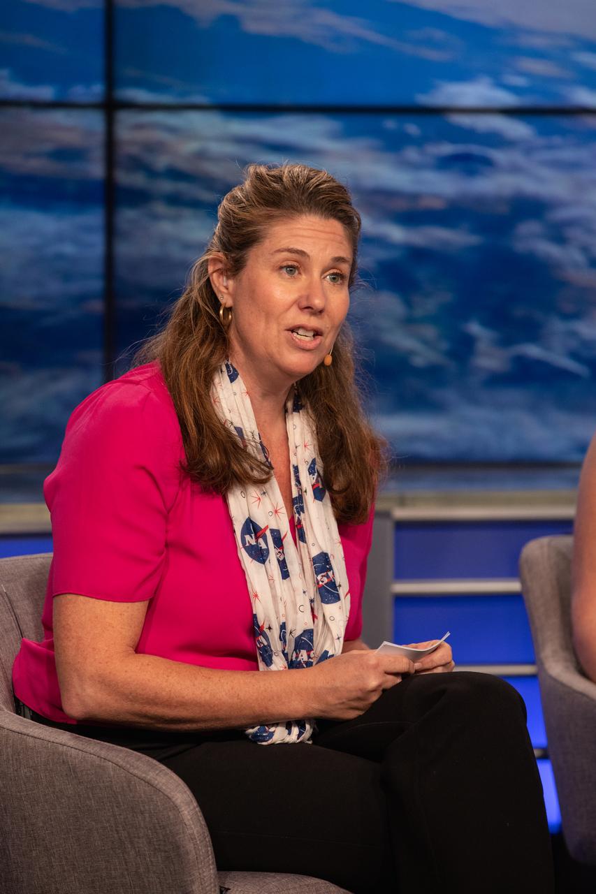 Karen Fox of NASA Communications moderates a prelaunch mission briefing for NASA’s Ionospheric Connection Explorer (ICON), on Oct. 8, 2019, in the News Center auditorium at the agency’s Kennedy Space Center in Florida. ICON is targeted to launch from Cape Canaveral Air Force Station in Florida on Oct. 9, 2019, aboard a Northrop Grumman Pegasus XL rocket carried aloft by the company’s Stargazer L-1011 aircraft. The explorer will study the frontier of space - the dynamic zone high in Earth's atmosphere where terrestrial weather from below meets space weather above.