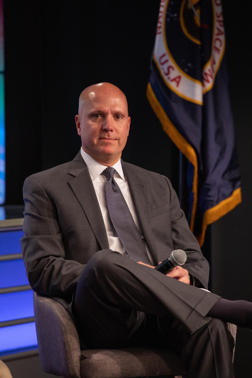 Steve Krein, vice president of civil and commercial space for Northrop Grumman Innovation Systems, speaks to news media during a prelaunch mission briefing for NASA’s Ionospheric Connection Explorer (ICON), on Oct. 8, 2019, in the News Center auditorium at the agency’s Kennedy Space Center in Florida. ICON is targeted to launch from Cape Canaveral Air Force Station in Florida on Oct. 9, 2019, aboard a Northrop Grumman Pegasus XL rocket carried aloft by the company’s Stargazer L-1011 aircraft. The explorer will study the frontier of space - the dynamic zone high in Earth's atmosphere where terrestrial weather from below meets space weather above.