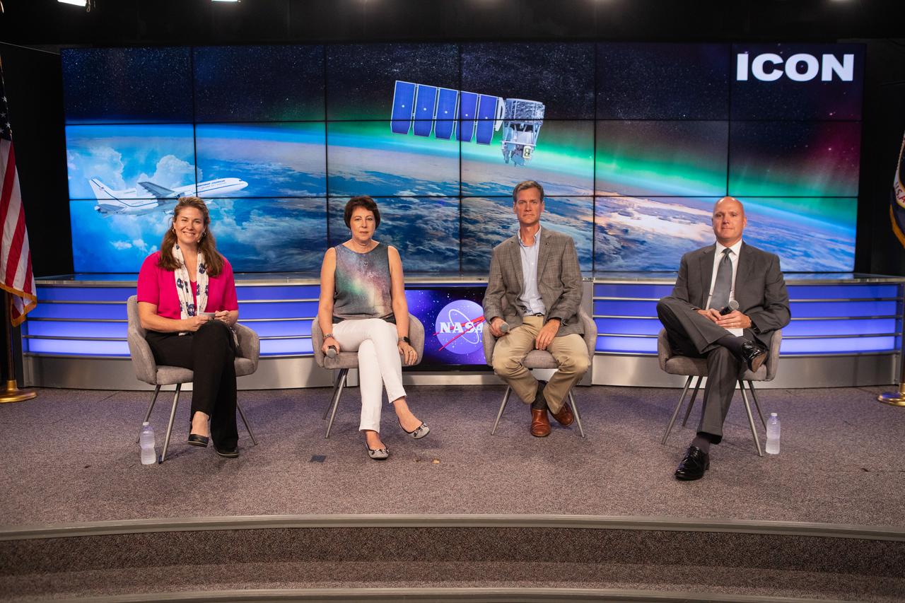 Launch and mission managers for NASA’s Ionospheric Connection Explorer (ICON) participate in a prelaunch mission briefing on Oct. 8, 2019, in the News Center auditorium at the agency’s Kennedy Space Center in Florida. From left to right are Karen Fox, NASA Communications; Nicola Fox, Heliophysics division director in NASA’s Science Mission Directorate; Thomas Immel, ICON principal investigator at the Space Sciences Laboratory at the University of California Berkeley; and Steve Krein, vice president of civil and commercial space for Northrop Grumman Innovation Systems. ICON is targeted to launch from Cape Canaveral Air Force Station in Florida on Oct. 9, 2019, aboard a Northrop Grumman Pegasus XL rocket carried aloft by the company’s Stargazer L-1011 aircraft. The explorer will study the frontier of space - the dynamic zone high in Earth's atmosphere where terrestrial weather from below meets space weather above.