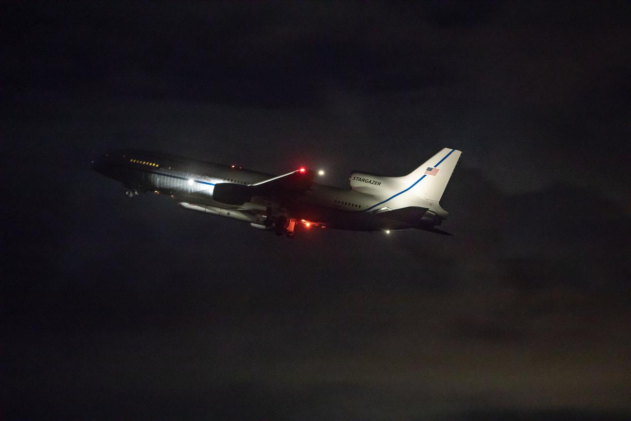 Northrop Grumman’s L-1011 Stargazer aircraft, with the company’s Pegasus XL rocket attached beneath, takes off from the Skid Strip runway at Cape Canaveral Air Force Station in Florida on Oct. 10, 2019. NASA's Ionospheric Connection Explorer (ICON) is secured inside the rocket's payload fairing. The air-launched Pegasus XL was released from the aircraft at 9:59 p.m. EDT to start ICON’s journey to space. The explorer will study the frontier of space - the dynamic zone high in Earth's atmosphere where terrestrial weather from below meets space weather above.