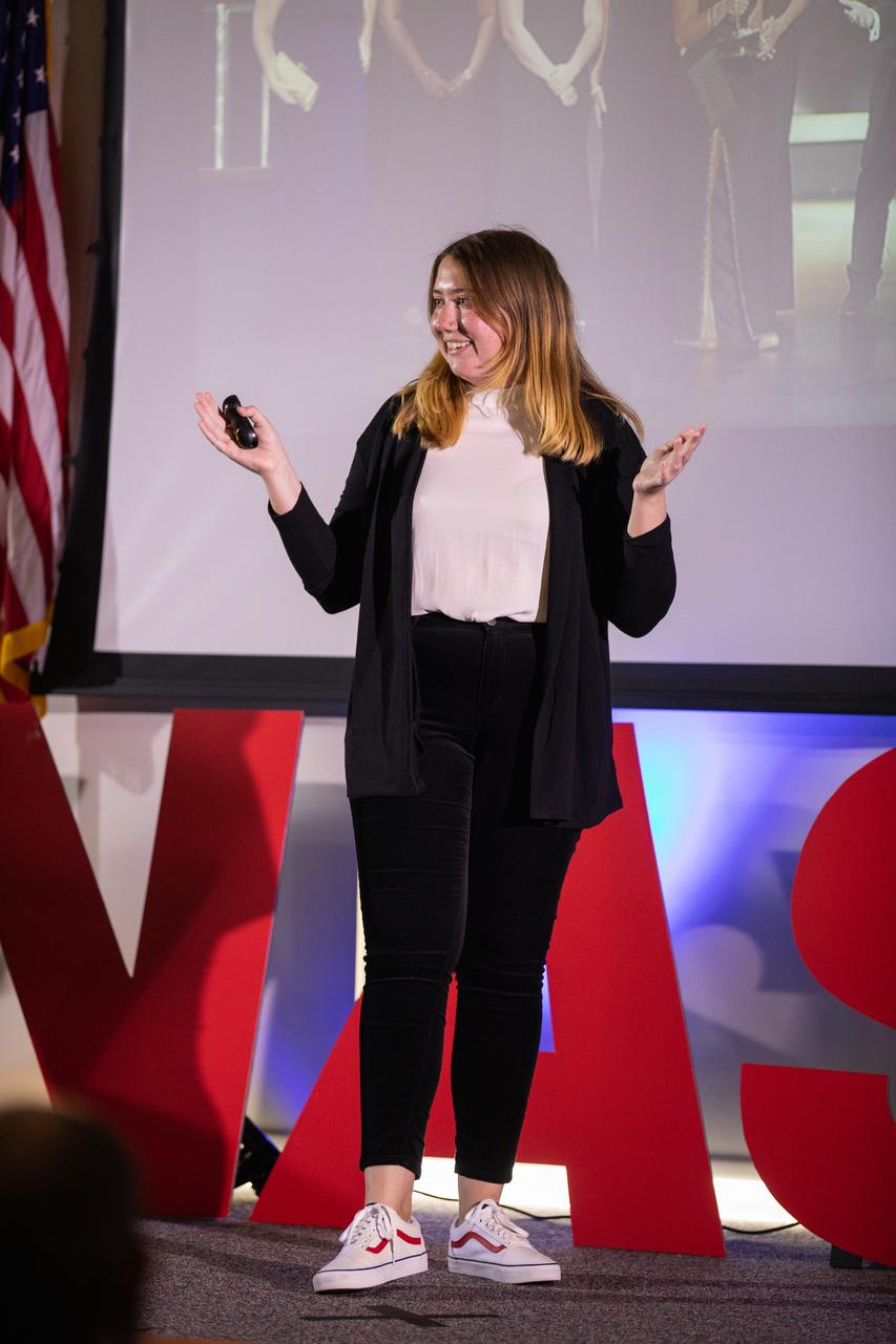 Madison Tuttle, a social media lead at NASA’s Kennedy Space Center in Florida, speaks at the second in a series of five TED Talk-style informational sessions on Oct. 10, 2019, in the Kennedy Learning Institute. Sponsored by Kennedy’s Launching Leaders and Leadership for the Future, NASAtalks focuses on the topic of intentional careers and aims to provide employees with tools and knowledge that can be utilized for career growth. The theme of this second session was collaboration, and additional speakers included Kennedy employees Jennifer Lane, Skyler Kleinschmidt and Stephanie Martin.
