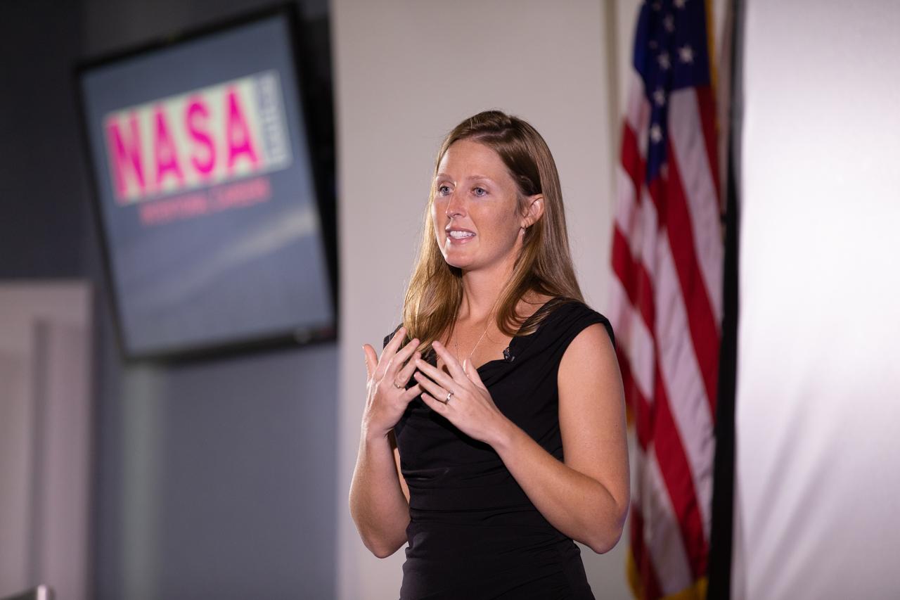 Kennedy Space Center’s Stephanie Martin speaks at the second in a series of five TED Talk-style informational sessions on Oct. 10, 2019, in the Florida spaceport’s Kennedy Learning Institute. Sponsored by Kennedy’s Launching Leaders and Leadership for the Future, NASAtalks focuses on the topic of intentional careers and aims to provide employees with tools and knowledge that can be utilized for career growth. The theme of this second session was collaboration, and additional speakers included Kennedy employees Jennifer Lane and Skyler Kleinschmidt, with a skill-building section on networking in the digital age by Madison Tuttle. 
