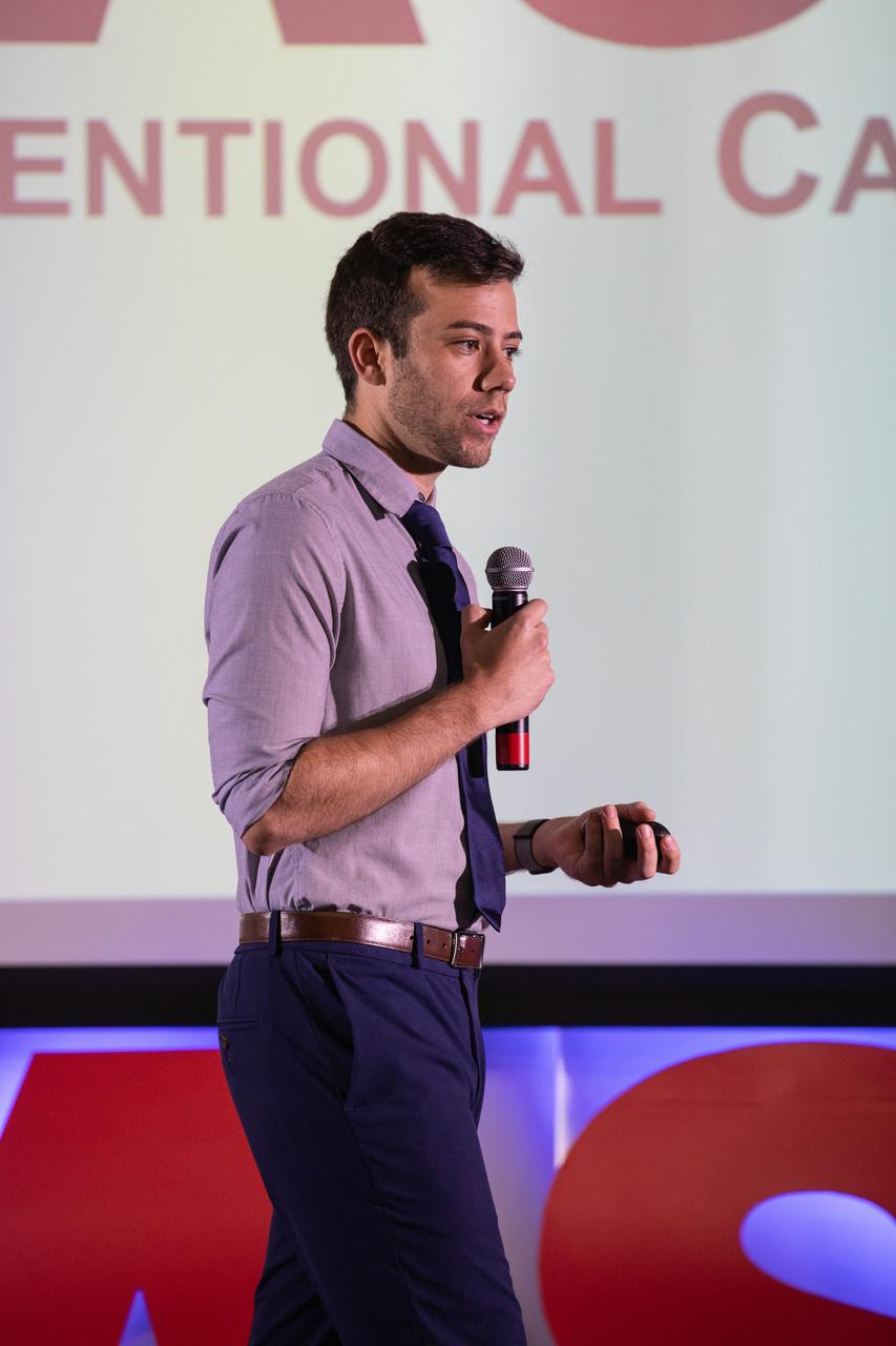 Kennedy Space Center’s Mac Russo introduces event speakers for the second in a series of five TED Talk-style informational sessions on Oct. 10, 2019, inside the Florida spaceport’s Kennedy Learning Institute. Sponsored by Kennedy’s Launching Leaders and Leadership for the Future, NASAtalks focuses on the topic of intentional careers and aims to provide employees with tools and knowledge that can be utilized for career growth. The theme of this second session was collaboration, and speakers included Kennedy employees Stephanie Martin, Skyler Kleinschmidt and Jennifer Lane, with a skill-building section on networking in the digital age by Madison Tuttle. 