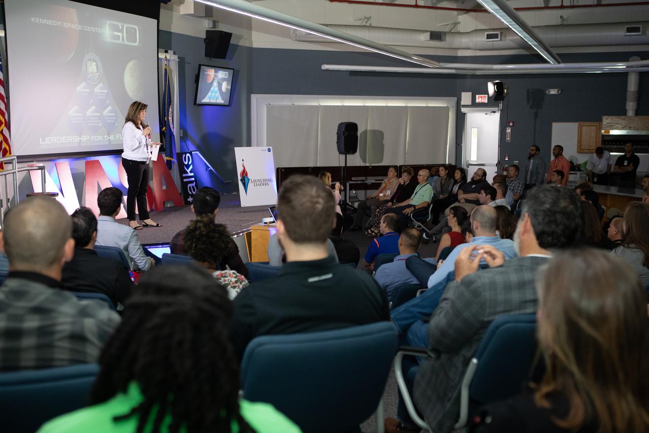 Jennifer Kunz, director of Safety and Mission Assurance at NASA’s Kennedy Space Center in Florida, addresses Kennedy employees on Oct. 10, 2019, in the Kennedy Learning Institute during the second in a series of five TED Talk-style informational sessions. Sponsored by Kennedy’s Launching Leaders and Leadership for the Future, NASAtalks focuses on the topic of intentional careers and aims to provide employees with tools and knowledge that can be utilized for career growth. The theme of this second session was collaboration, and additional speakers included Kennedy employees Skyler Kleinschmidt and Stephanie Martin, with a skill-building section on networking in the digital age by Madison Tuttle. 