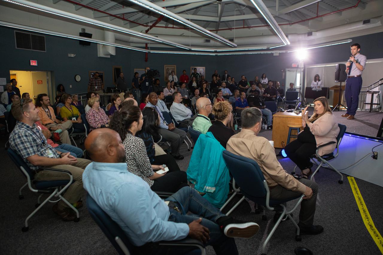 Kennedy Space Center’s Mac Russo addresses co-workers inside the Florida spaceport’s Kennedy Learning Institute on Oct. 10, 2019, during the second in a series of five TED Talk-style informational sessions. Sponsored by Kennedy’s Launching Leaders and Leadership for the Future, NASAtalks focuses on the topic of intentional careers and aims to provide employees with tools and knowledge that can be utilized for career growth. The theme of this second session was collaboration, and speakers included Kennedy employees Stephanie Martin, Skyler Kleinschmidt and Jennifer Lane, with a skill-building section on networking in the digital age by Madison Tuttle. 