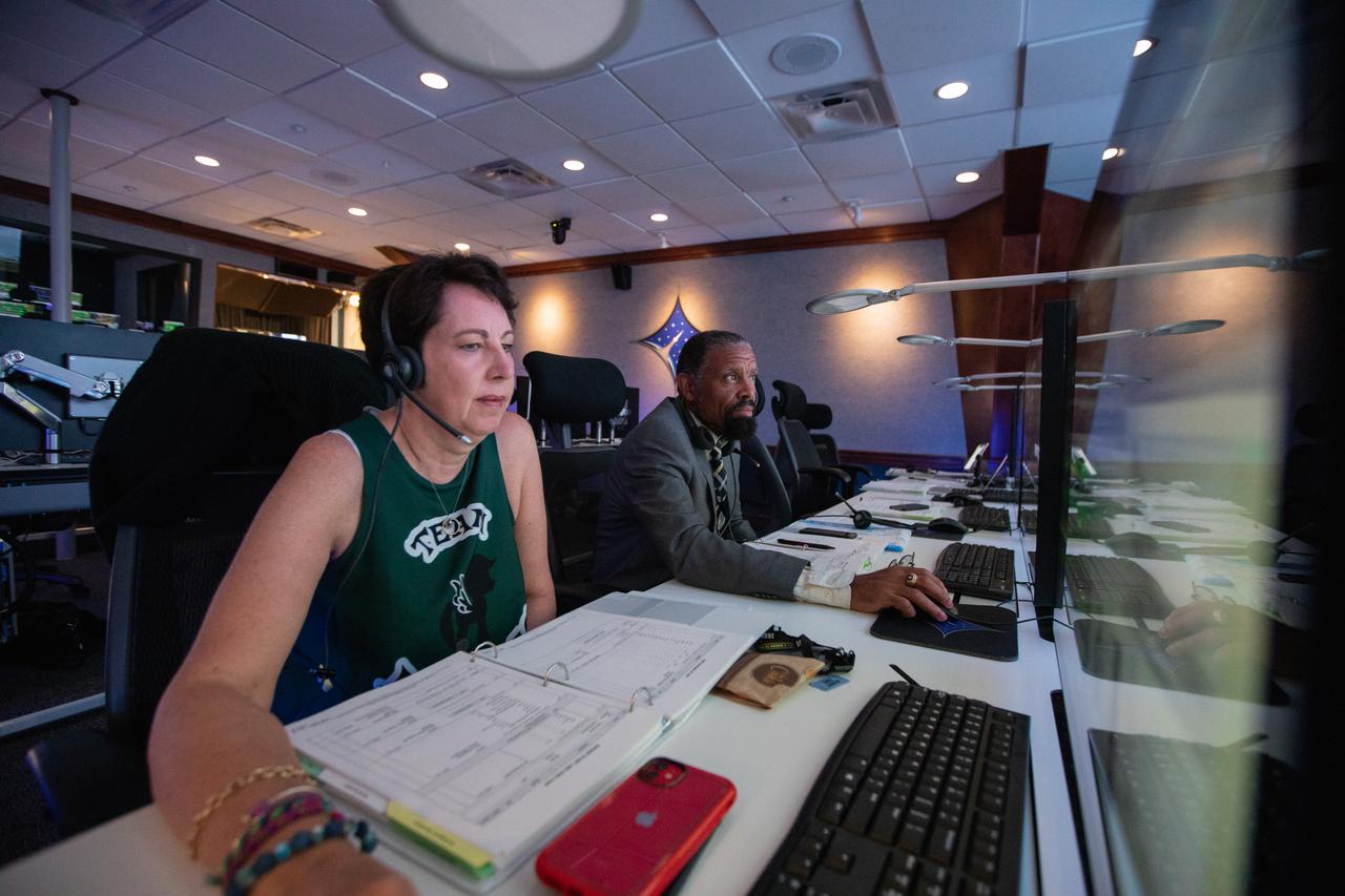 Inside Hangar AE’s Mission Director’s Center at Cape Canaveral Air Force Station (CCAFS), Nicola Fox, left, Heliophysics division director in NASA’s Science Mission Directorate, monitors the launch of the agency’s Ionospheric Connection Explorer (ICON) satellite. The Northrop Grumman Pegasus XL rocket carrying ICON was released from the company’s L-1011 Stargazer aircraft at 9:59 p.m. EDT on Oct. 10, 2019, over the Atlantic Ocean about 50 miles from Daytona Beach, Florida, following takeoff from CCAFS. ICON will spend two years studying the Earth’s ionosphere – the dynamic zone in our atmosphere where terrestrial weather from below meets space weather from above. The launch was managed by the agency’s Launch Services Program.  