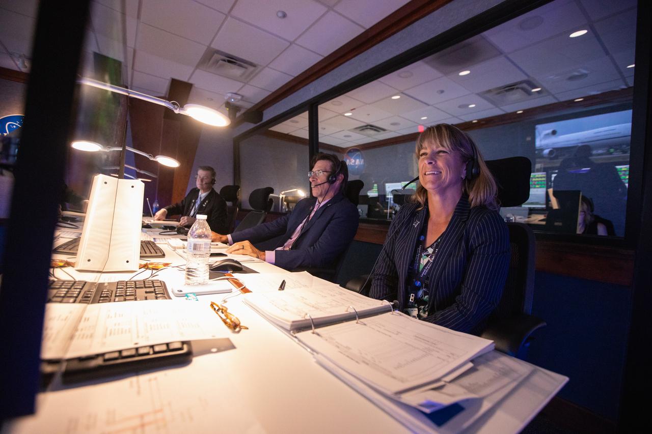 Inside Hangar AE’s Mission Director’s Center at Cape Canaveral Air Force Station (CCAFS), Amanda Mitskevich, right, program manager in NASA’s Launch Services Program (LSP), and Chuck Dovale, second from right, LSP deputy program manager, monitor the launch of the agency’s Ionospheric Connection Explorer (ICON). The Northrop Grumman Pegasus XL rocket carrying ICON was released from the company’s L-1011 Stargazer aircraft at 9:59 p.m. EDT on Oct. 10, 2019, over the Atlantic Ocean about 50 miles from Daytona Beach, Florida, following takeoff from CCAFS. ICON will spend two years studying the Earth’s ionosphere – the dynamic zone in our atmosphere where terrestrial weather from below meets space weather from above. The ICON launch was managed by LSP. 