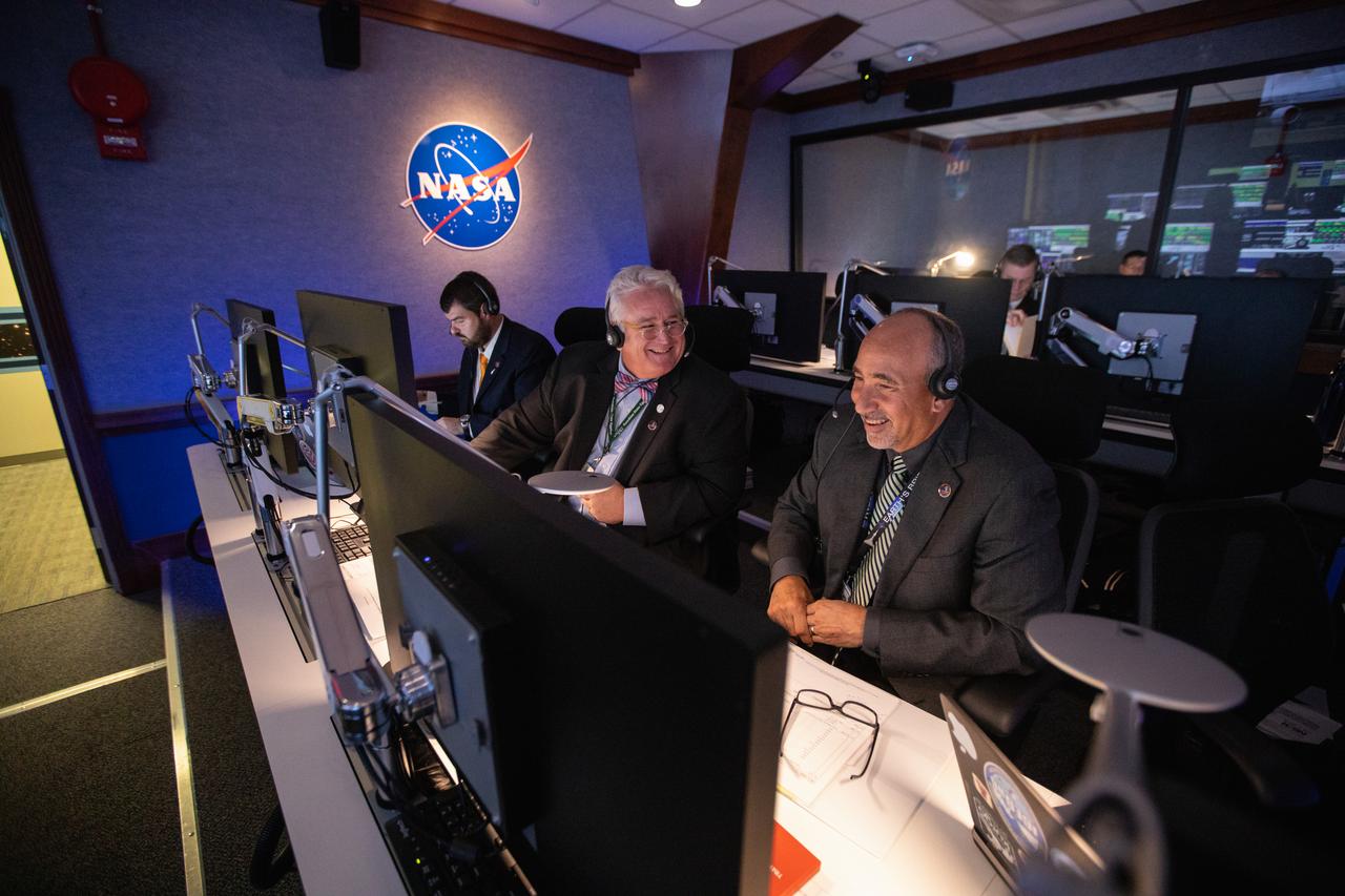 Albert Sierra (right), chief of NASA’s Launch Services Program’s (LSP) Flight Projects Office, and Garrett Lee Skrobot (second from right), senior mission manager, monitor the launch of the agency’s Ionospheric Connection Explorer (ICON) inside Hangar AE’s Mission Director’s Center at Cape Canaveral Air Force Station (CCAFS). The Northrop Grumman Pegasus XL rocket carrying ICON was released from the company’s L-1011 Stargazer aircraft at 9:59 p.m. EDT on Oct. 10, 2019, over the Atlantic Ocean about 50 miles from Daytona Beach, Florida, following takeoff from CCAFS. ICON will spend two years studying the Earth’s ionosphere – the dynamic zone in our atmosphere where terrestrial weather from below meets space weather from above. The ICON launch was managed by LSP. 