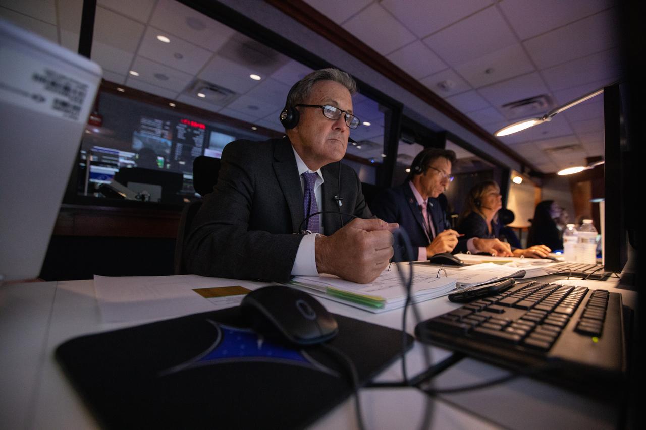 From left, Kennedy Space Center Director Bob Cabana, NASA’s Launch Services Program (LSP) Deputy Program Manager Chuck Dovale and LSP Program Manager Amanda Mitskevich monitor the launch of the agency’s Ionospheric Connection Explorer (ICON) satellite inside Hangar AE’s Mission Director’s Center at Cape Canaveral Air Force Station (CCAFS). The Northrop Grumman Pegasus XL rocket carrying ICON was released from the company’s L-1011 Stargazer aircraft at 9:59 p.m. EDT on Oct. 10, 2019, over the Atlantic Ocean about 50 miles from Daytona Beach, Florida, following takeoff from CCAFS. ICON will spend two years studying the Earth’s ionosphere – the dynamic zone in our atmosphere where terrestrial weather from below meets space weather from above. The ICON launch was managed by LSP. 