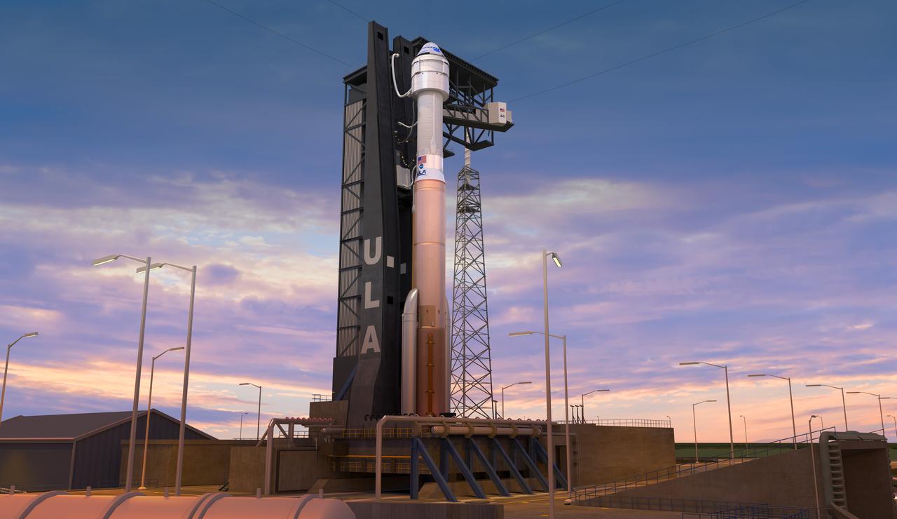 Illustration of Boeing's CST-100 Starliner spacecraft atop a United Launch Alliance Atlast V rocket at Space Launch Complex 41, in preparation for Boeing's Orbital Flight Test to the International Space Station as part of NASA's Commercial Crew Program.