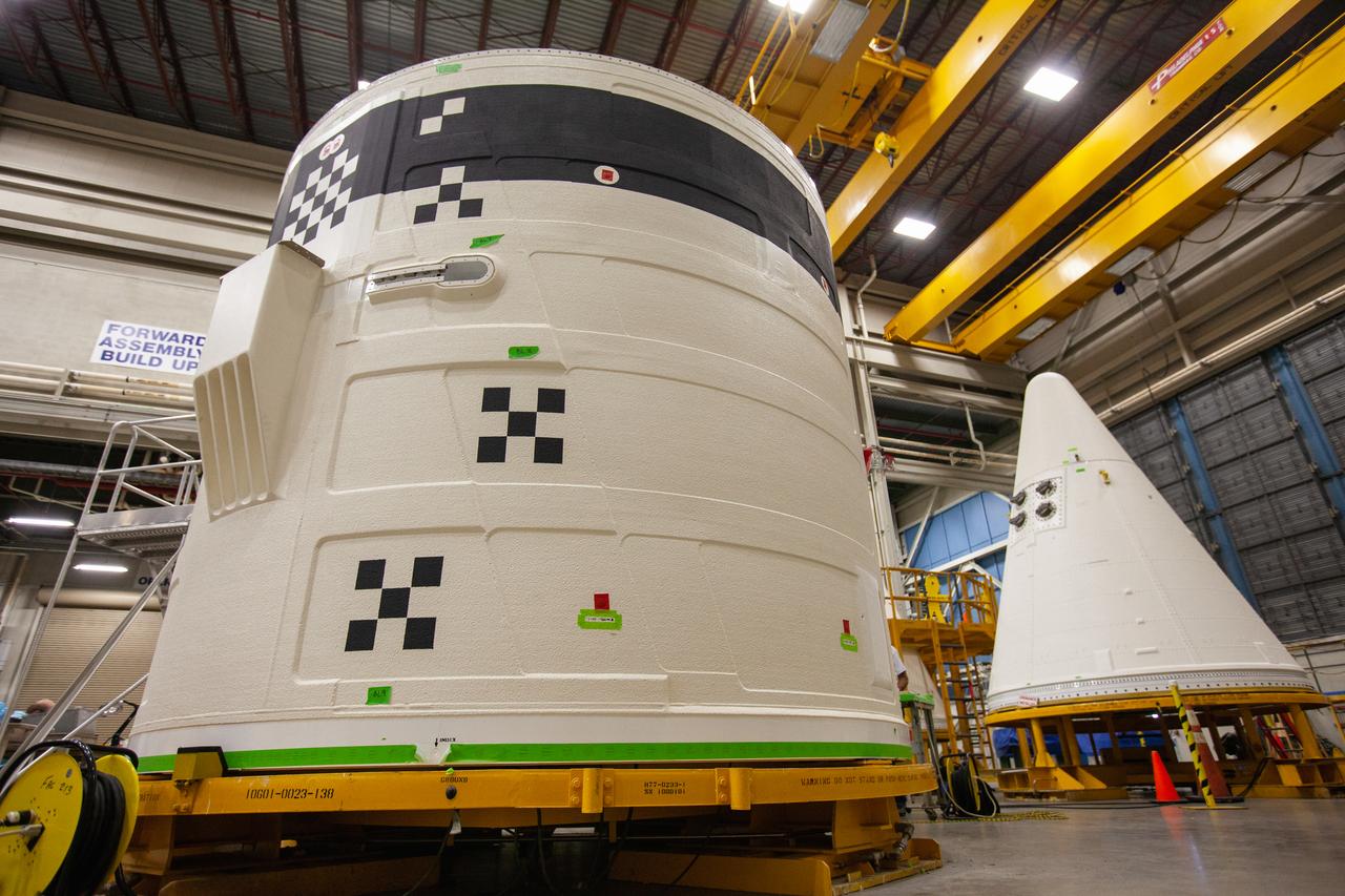 The forward skirt for one of the Space Launch System’s (SLS) two solid boosters is inside the Booster Fabrication Facility at NASA’s Kennedy Space Center in Florida on Oct. 16, 2019. Segments of the boosters are being inspected and prepared for Artemis I, the agency’s first uncrewed flight of Orion atop the SLS. The forward skirt houses booster avionics that communicate with the SLS avionics to monitor booster conditions and steer the booster exhaust nozzle.