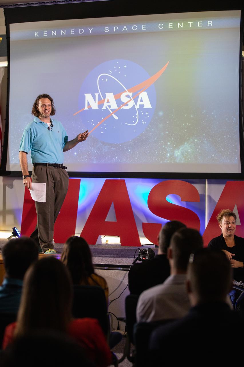 Kennedy Space Center’s Tim Bass addresses co-workers inside the Florida spaceport’s Kennedy Learning Institute on Oct. 17, 2019, during the third in a series of five TED Talk-style informational sessions. Sponsored by Kennedy’s Launching Leaders and Leadership for the Future, NASAtalks focuses on the topic of intentional careers and aims to provide employees with tools and knowledge that can be utilized for career growth. The theme of this third session was customers, and additional speakers included Kennedy employees Ryan Richards, Mike Williams and Dave Grau. 