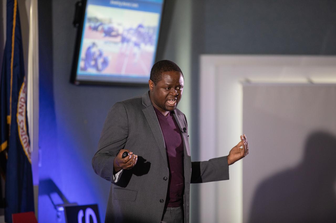 Kennedy Space Center’s Ryan Richards speaks at the third in a series of five TED Talk-style informational sessions on Oct. 17, 2019, in the Florida spaceport’s Kennedy Learning Institute. Sponsored by Kennedy’s Launching Leaders and Leadership for the Future, NASAtalks focuses on the topic of intentional careers and aims to provide employees with tools and knowledge that can be utilized for career growth. The theme of this third session was customers, and additional speakers included Kennedy employees Mike Williams and Dave Grau, with a skill-building section on active listening and negotiating by Tim Bass. 