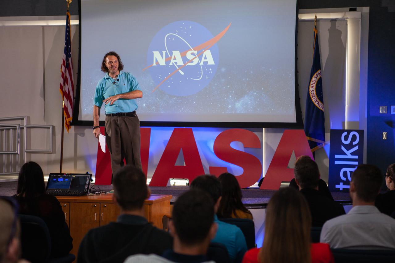 Kennedy Space Center’s Tim Bass addresses co-workers inside the Florida spaceport’s Kennedy Learning Institute on Oct. 17, 2019, during the third in a series of five TED Talk-style informational sessions. Sponsored by Kennedy’s Launching Leaders and Leadership for the Future, NASAtalks focuses on the topic of intentional careers and aims to provide employees with tools and knowledge that can be utilized for career growth. The theme of this third session was customers, and additional speakers included Kennedy employees Ryan Richards, Mike Williams and Dave Grau. 