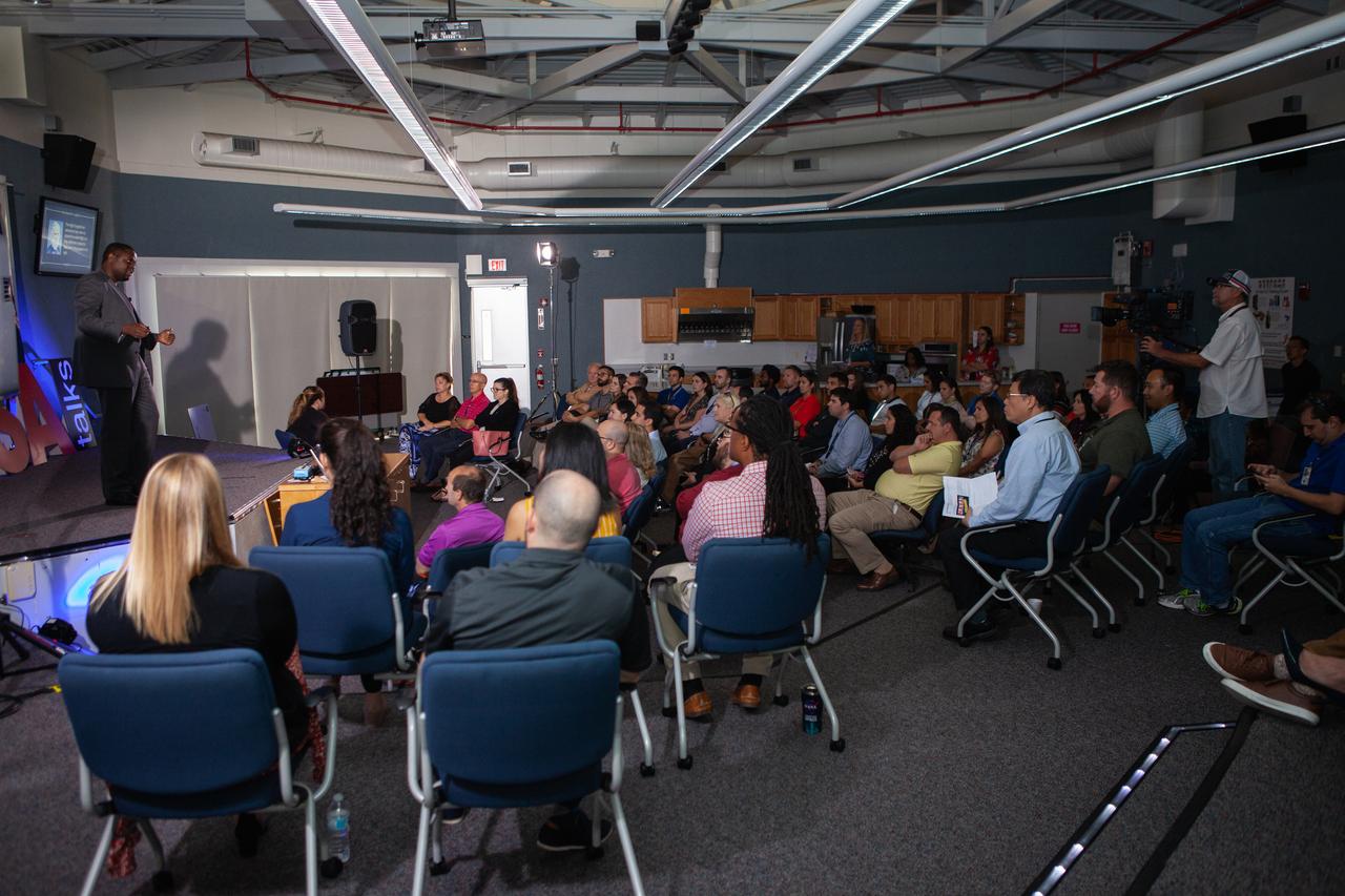 Kennedy Space Center employees attend the third in a series of five TED Talk-style informational sessions on Oct. 17, 2019, inside the Florida spaceport’s Kennedy Learning Institute. Sponsored by Kennedy’s Launching Leaders and Leadership for the Future, NASAtalks focuses on the topic of intentional careers and aims to provide employees with tools and knowledge that can be utilized for career growth. The theme of this third session was customers, and speakers included Kennedy employees Ryan Richards, Mike Williams and Dave Grau, with a skill-building section on active listening and negotiating by Tim Bass. 