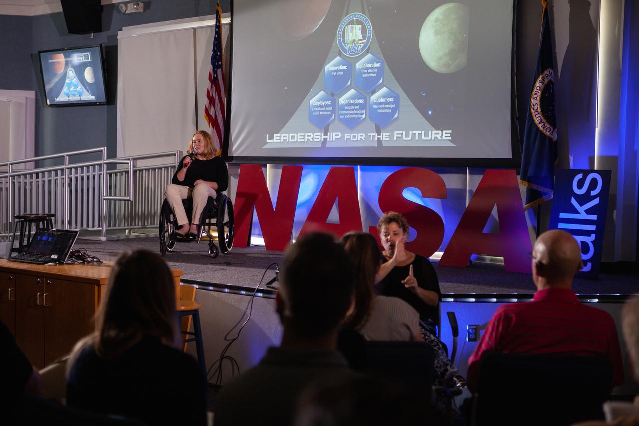 Kennedy Space Center’s Christine Shepperd addresses co-workers inside the Florida spaceport’s Kennedy Learning Institute on Oct. 17, 2019, during the third in a series of five TED Talk-style informational sessions. Sponsored by Kennedy’s Launching Leaders and Leadership for the Future, NASAtalks focuses on the topic of intentional careers and aims to provide employees with tools and knowledge that can be utilized for career growth. The theme of this third session was customers, and speakers included Kennedy employees Ryan Richards, Mike Williams and Dave Grau, with a skill-building section on active listening and negotiating by Tim Bass. 
