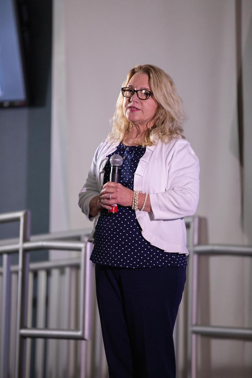 Susan Kroskey, chief financial officer at NASA’s Kennedy Space Center in Florida, speaks at the third in a series of five TED Talk-style informational sessions on Oct. 17, 2019, in the Florida spaceport’s Kennedy Learning Institute. Sponsored by Kennedy’s Launching Leaders and Leadership for the Future, NASAtalks focuses on the topic of intentional careers and aims to provide employees with tools and knowledge that can be utilized for career growth. The theme of this third session was customers, and speakers included Kennedy employees Ryan Richards, Mike Williams and Dave Grau, with a skill-building section on active listening and negotiating by Tim Bass. 