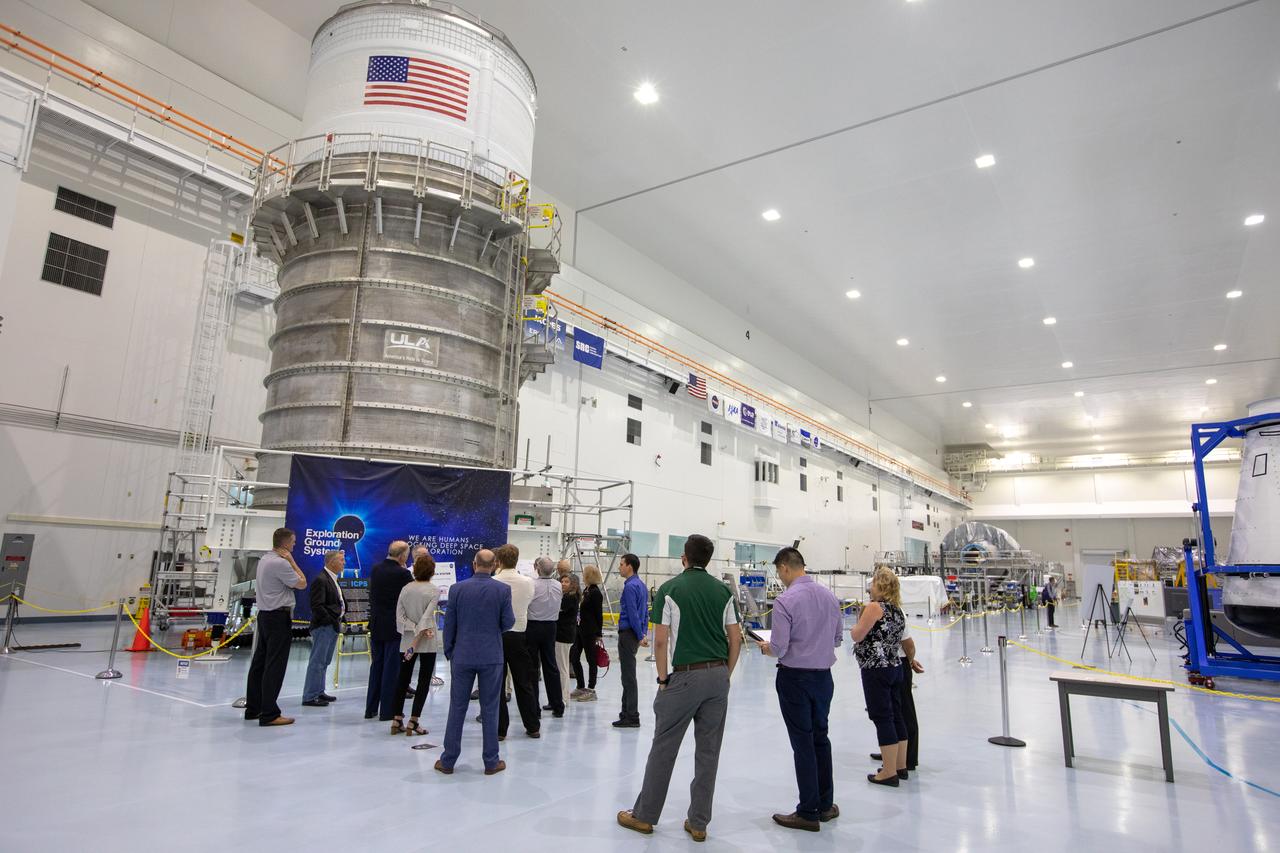 Members of the NASA Advisory Council toured the Space Station Processing Facility high bay at Kennedy Space Center in Florida on Oct. 29, 2019. In view is the interim cryogenic propulsion stage for the Space Launch System rocket. The NASA Advisory Council provides the NASA administrator with counsel and advice on programs and issues of importance to the agency. Committee members conduct fact-finding sessions throughout the year in an effort to gain a broad understanding of current NASA issues and future mission implementation plans.