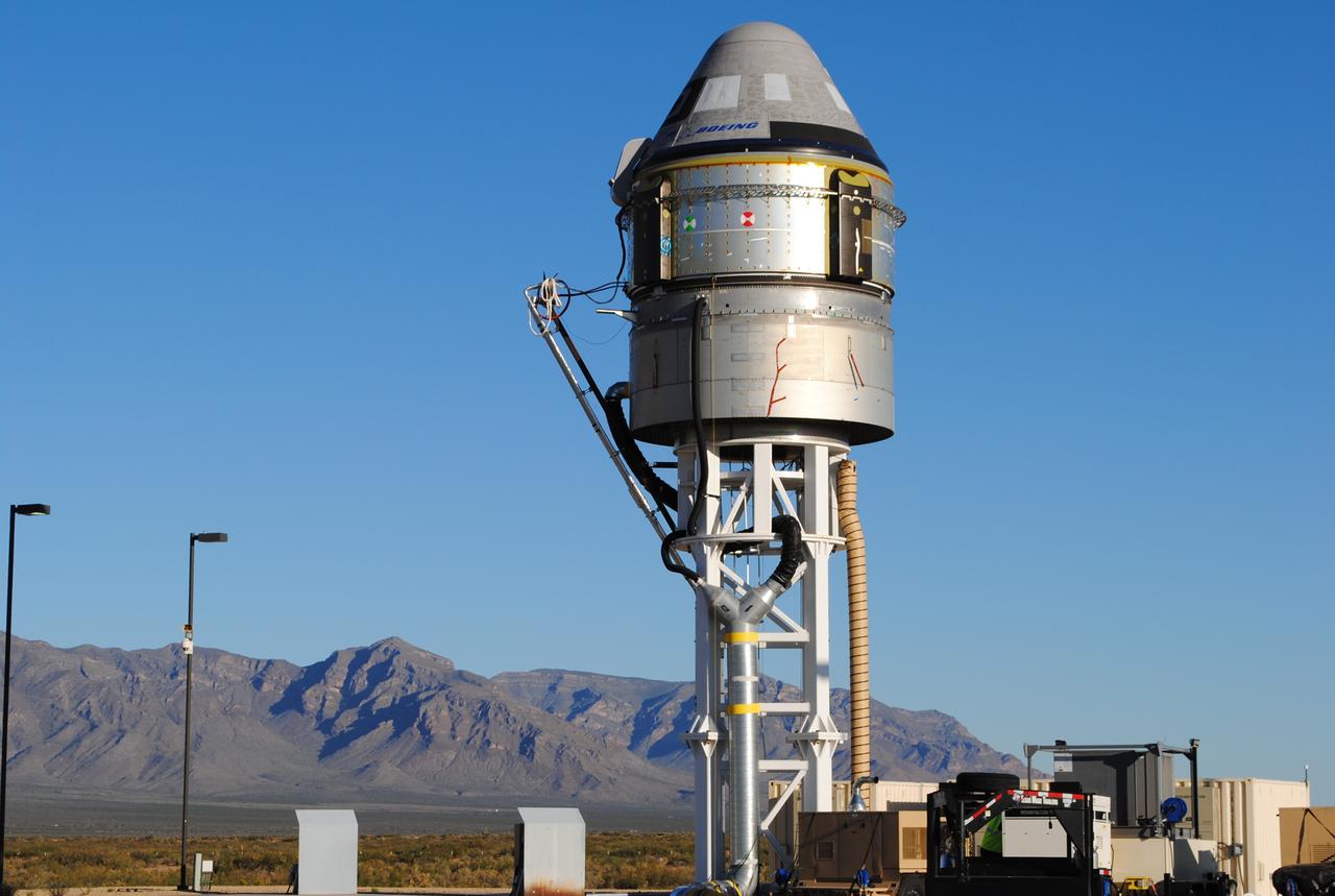 Boeing’s CST-100 Starliner spacecraft and its service module stand atop the test stand at Launch Complex 32, White Sands Missile Range, New Mexico, in preparation for the Pad Abort Test. Boeing’s Pad Abort Test is designed to verify that each of Starliner’s systems will function not only separately, but in concert, to protect astronauts by carrying them safely away from the launch pad in the unlikely event of an emergency prior to liftoff. This will be Boeing’s first flight test as part of NASA’s Commercial Crew Program. The Pad Abort Test is scheduled for Nov. 4, 2019.