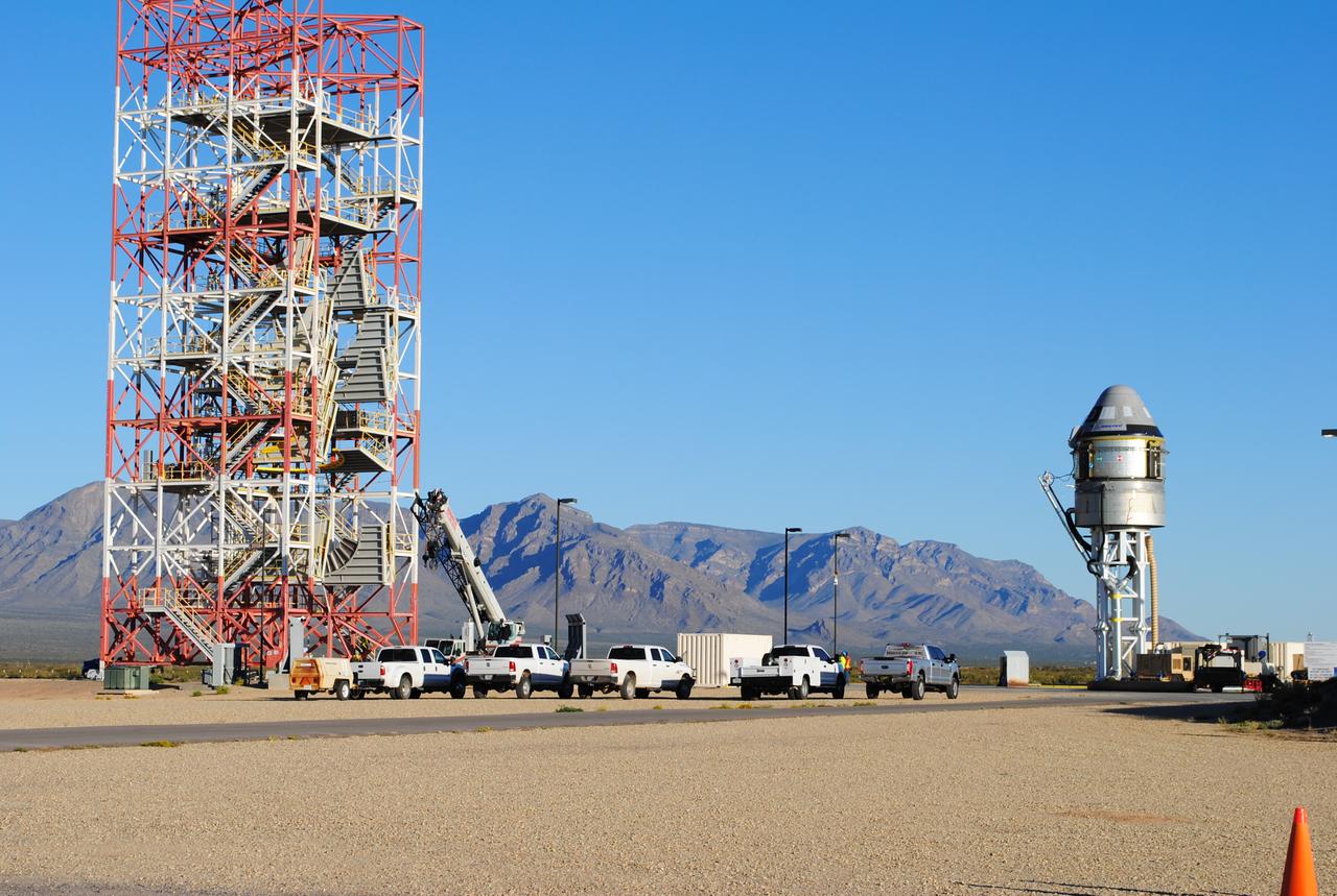 Boeing’s CST-100 Starliner spacecraft and its service module stand atop the test stand at Launch Complex 32, White Sands Missile Range, New Mexico, in preparation for the Pad Abort Test. Boeing’s Pad Abort Test is designed to verify that each of Starliner’s systems will function not only separately, but in concert, to protect astronauts by carrying them safely away from the launch pad in the unlikely event of an emergency prior to liftoff. This will be Boeing’s first flight test as part of NASA’s Commercial Crew Program. The Pad Abort Test is scheduled for Nov. 4, 2019.