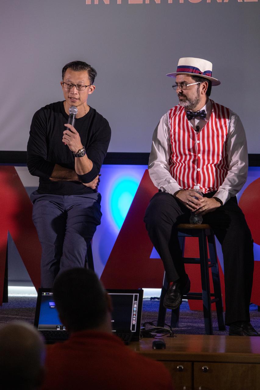 Kennedy Space Center’s Johnny Nguyen (left) and Ronnie Rodriguez, deputy director of Safety and Mission Assurance, participate in the fourth of a series of five TED Talk-style informational sessions on Oct. 31, 2019, inside the Florida spaceport’s Kennedy Learning Institute. Sponsored by Kennedy’s Launching Leaders and Leadership for the Future, NASAtalks focuses on the topic of intentional careers and aims to provide employees with tools and knowledge that can be utilized for career growth. The theme of this fourth session was employees, and additional speakers included Kennedy’s Tony Derbyshire, Deputy Director of Engineering Scott Colloredo and Deputy Manager of NASA’s Exploration Ground Systems Jeremy Parsons. 