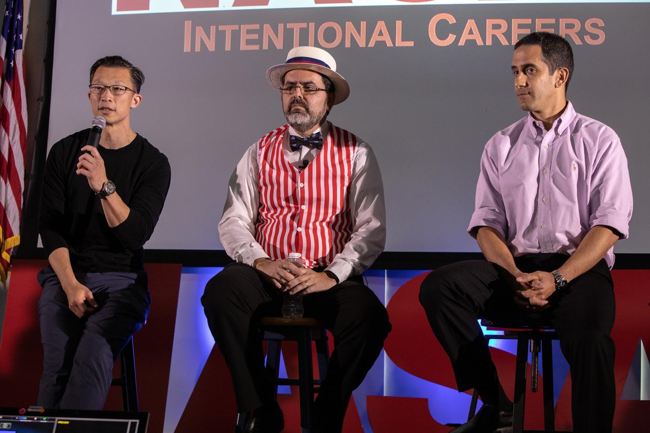 From left, Kennedy Space Center’s Johnny Nguyen, Ronnie Rodriguez, deputy director of Safety and Mission Assurance, and Tony Derbyshire participate in the fourth of a series of five TED Talk-style informational sessions on Oct. 31, 2019, inside the Florida spaceport’s Kennedy Learning Institute. Sponsored by Kennedy’s Launching Leaders and Leadership for the Future, NASAtalks focuses on the topic of intentional careers and aims to provide employees with tools and knowledge that can be utilized for career growth. The theme of this fourth session was employees, and additional speakers included Scott Colloredo, deputy director of Engineering, and Jeremy Parsons, deputy manager of NASA’s Exploration Ground Systems.