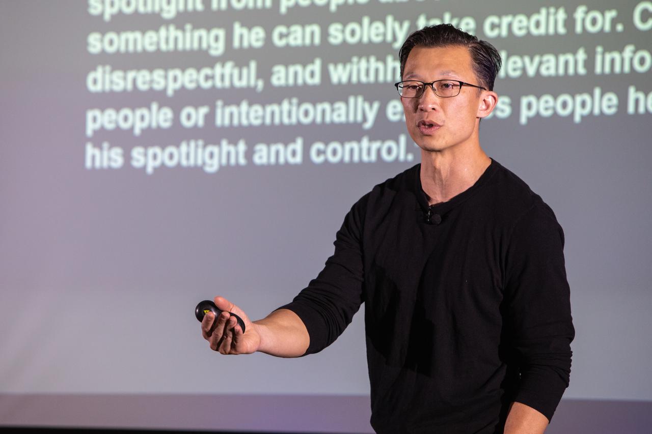 Kennedy Space Center’s Johnny Nguyen speaks at the fourth in a series of five TED Talk-style informational sessions on Oct. 31, 2019, in the Florida spaceport’s Kennedy Learning Institute. Sponsored by Kennedy’s Launching Leaders and Leadership for the Future, NASAtalks focuses on the topic of intentional careers and aims to provide employees with tools and knowledge that can be utilized for career growth. The theme of this fourth session was employees, and additional speakers included Kennedy’s Tony Derbyshire and Deputy Manager of NASA’s Exploration Ground Systems Jeremy Parsons, with a skill-building section on vulnerability, authentic self and diverse inclusion by Ronnie Rodriguez. 