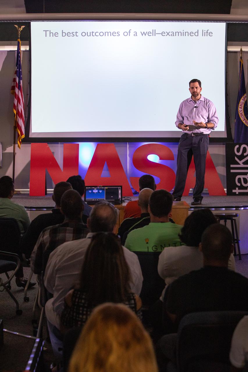 Jeremy Parsons, deputy manager of NASA’s Exploration Ground Systems at the agency’s Kennedy Space Center in Florida, speaks to Kennedy employees on Oct. 31, 2019, in the Kennedy Learning Institute during the fourth in a series of five TED Talk-style informational sessions. Sponsored by Kennedy’s Launching Leaders and Leadership for the Future, NASAtalks focuses on the topic of intentional careers and aims to provide employees with tools and knowledge that can be utilized for career growth. The theme of this fourth session was employees, and additional speakers included Kennedy’s Johnny Nguyen and Tony Derbyshire, with a skill-building section on vulnerability, authentic self and diverse inclusion by Ronnie Rodriguez. 