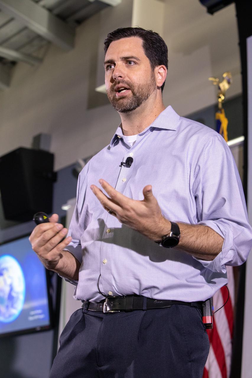 Jeremy Parsons, deputy manager of NASA’s Exploration Ground Systems at the agency’s Kennedy Space Center in Florida, speaks at the fourth in a series of five TED Talk-style informational sessions on Oct. 31, 2019, in the Kennedy Learning Institute. Sponsored by Kennedy’s Launching Leaders and Leadership for the Future, NASAtalks focuses on the topic of intentional careers and aims to provide employees with tools and knowledge that can be utilized for career growth. The theme of this fourth session was employees, and additional speakers included Kennedy’s Johnny Nguyen and Tony Derbyshire, with a skill-building section on vulnerability, authentic self and diverse inclusion by Ronnie Rodriguez. 