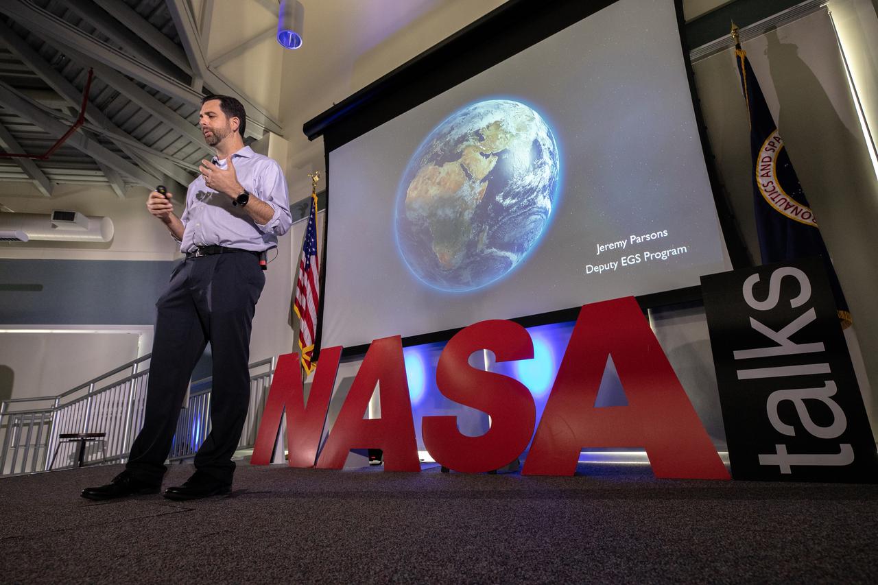 Jeremy Parsons, deputy manager of NASA’s Exploration Ground Systems at the agency’s Kennedy Space Center in Florida, speaks at the fourth in a series of five TED Talk-style informational sessions on Oct. 31, 2019, in the Kennedy Learning Institute. Sponsored by Kennedy’s Launching Leaders and Leadership for the Future, NASAtalks focuses on the topic of intentional careers and aims to provide employees with tools and knowledge that can be utilized for career growth. The theme of this fourth session was employees, and additional speakers included Kennedy’s Johnny Nguyen and Tony Derbyshire, with a skill-building section on vulnerability, authentic self and diverse inclusion by Ronnie Rodriguez. 