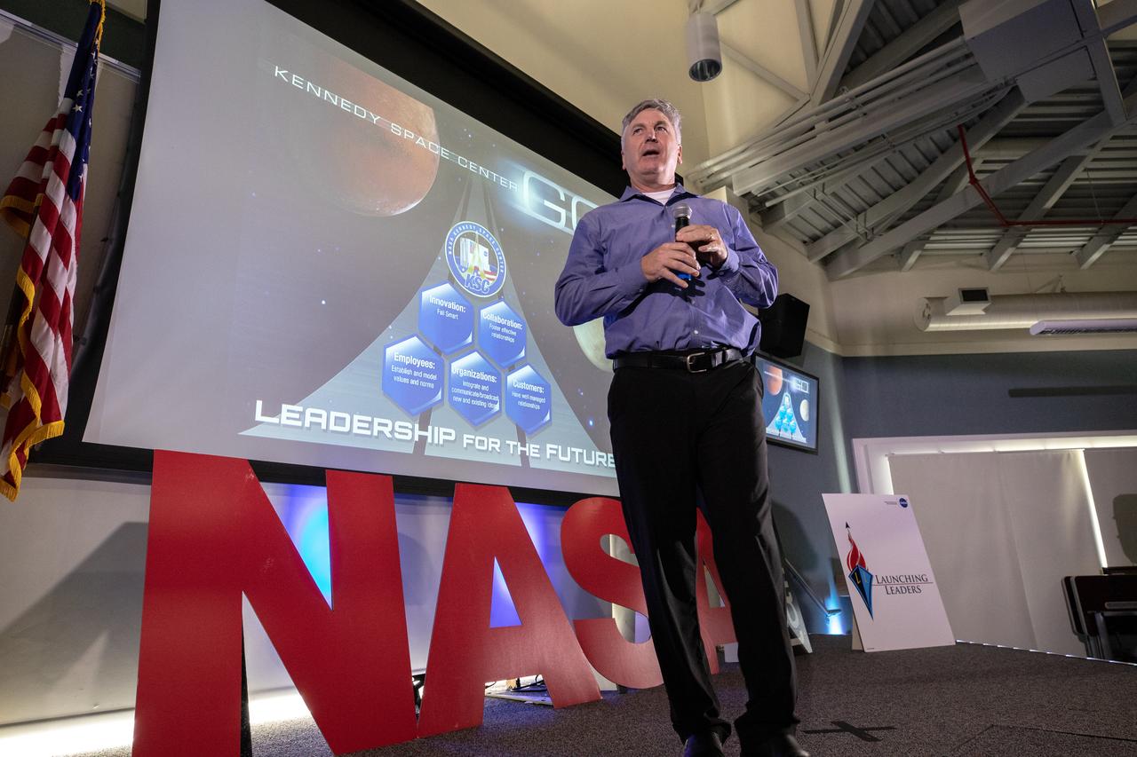 Scott Colloredo, deputy director of Engineering at NASA’s Kennedy Space Center in Florida, speaks at the fourth in a series of five TED Talk-style informational sessions on Oct. 31, 2019, in the Kennedy Learning Institute. Sponsored by Kennedy’s Launching Leaders and Leadership for the Future, NASAtalks focuses on the topic of intentional careers and aims to provide employees with tools and knowledge that can be utilized for career growth. The theme of this fourth session was employees, and additional speakers included Kennedy’s Johnny Nguyen, Tony Derbyshire and Jeremy Parsons, deputy manager of NASA’s Exploration Ground Systems, with a skill-building section on vulnerability, authentic self and diverse inclusion by Ronnie Rodriguez. 