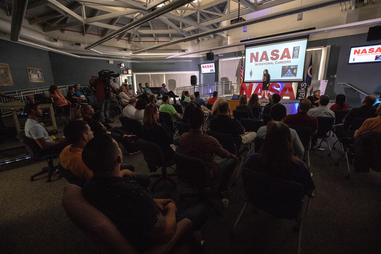 Kennedy Space Center’s Jennifer Lane addresses co-workers inside the Florida spaceport’s Kennedy Learning Institute on Oct. 31, 2019, during the fourth in a series of five TED Talk-style informational sessions. Sponsored by Kennedy’s Launching Leaders and Leadership for the Future, NASAtalks focuses on the topic of intentional careers and aims to provide employees with tools and knowledge that can be utilized for career growth. The theme of this fourth session was employees, and additional speakers included Kennedy’s Johnny Nguyen, Tony Derbyshire and Jeremy Parsons, deputy manager of NASA’s Exploration Ground Systems, with a skill-building section on vulnerability, authentic self and diverse inclusion by Ronnie Rodriguez. 