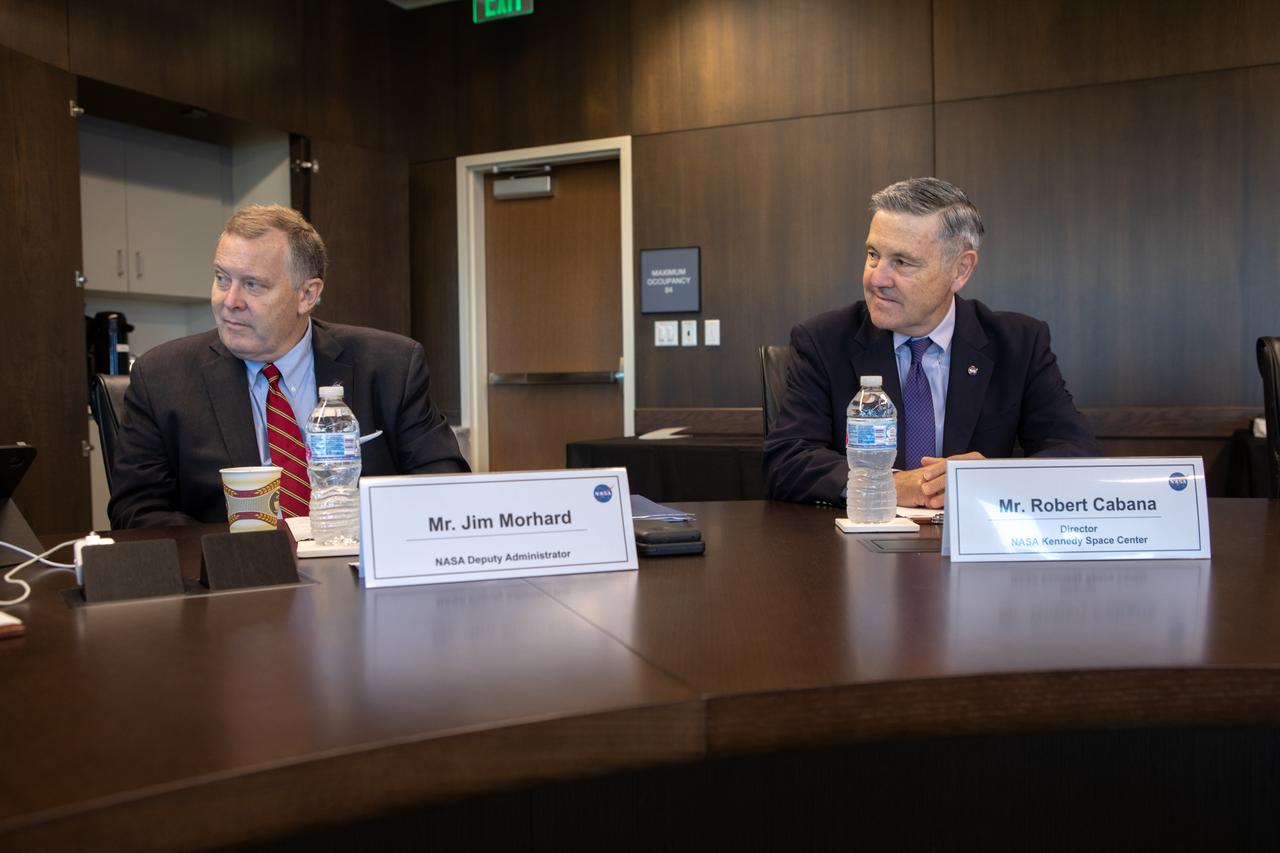 NASA Deputy Administrator Jim Morhard, at left, and Kennedy Space Center Director Robert Cabana participate in a NASA Advisory Council meeting at the center’s Central Campus Headquarters Building in Florida on Oct. 31, 2019. The NASA Advisory Council provides the NASA administrator with counsel and advice on programs and issues of importance to the agency. Committee members conduct fact-finding sessions throughout the year in an effort to gain a broad understanding of current NASA issues and future mission implementation plans.