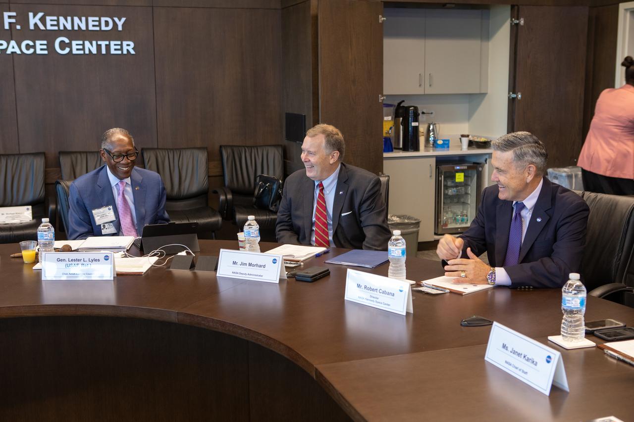 NASA Deputy Administrator Jim Morhard, second from left, and Kennedy Space Center Director Robert Cabana, at right, participate in a NASA Advisory Council meeting at the center’s Central Campus Headquarters Building in Florida on Oct. 31, 2019. The NASA Advisory Council provides the NASA administrator with counsel and advice on programs and issues of importance to the agency. Committee members conduct fact-finding sessions throughout the year in an effort to gain a broad understanding of current NASA issues and future mission implementation plans.