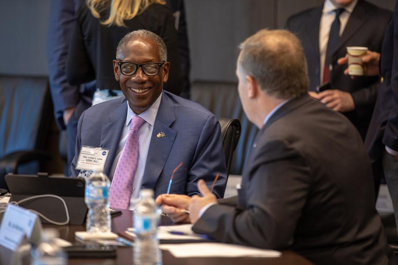 NASA Deputy Administrator Jim Morhard, at right, speaks with a member of the NASA Advisory Council during a meeting at the Kennedy Space Center’s Central Campus Headquarters Building in Florida on Oct. 31, 2019. The NASA Advisory Council provides the NASA administrator with counsel and advice on programs and issues of importance to the agency. Committee members conduct fact-finding sessions throughout the year in an effort to gain a broad understanding of current NASA issues and future mission implementation plans.