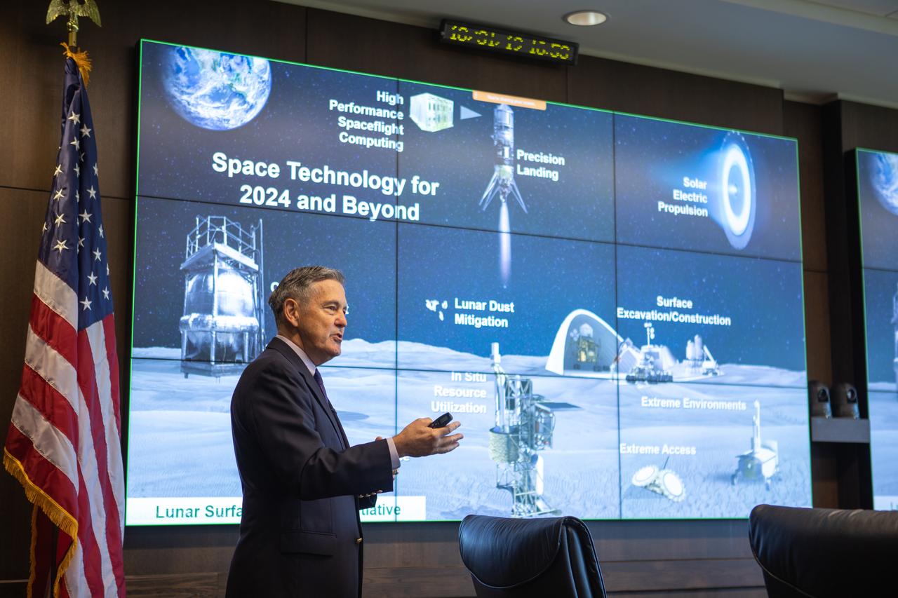 Kennedy Space Center Director Bob Cabana gives a presentation on space technology to members of the NASA Advisory Council during a meeting at the center’s Central Campus Headquarters Building in Florida on Oct. 31, 2019. The NASA Advisory Council provides the NASA administrator with counsel and advice on programs and issues of importance to the agency. Committee members conduct fact-finding sessions throughout the year in an effort to gain a broad understanding of current NASA issues and future mission implementation plans.